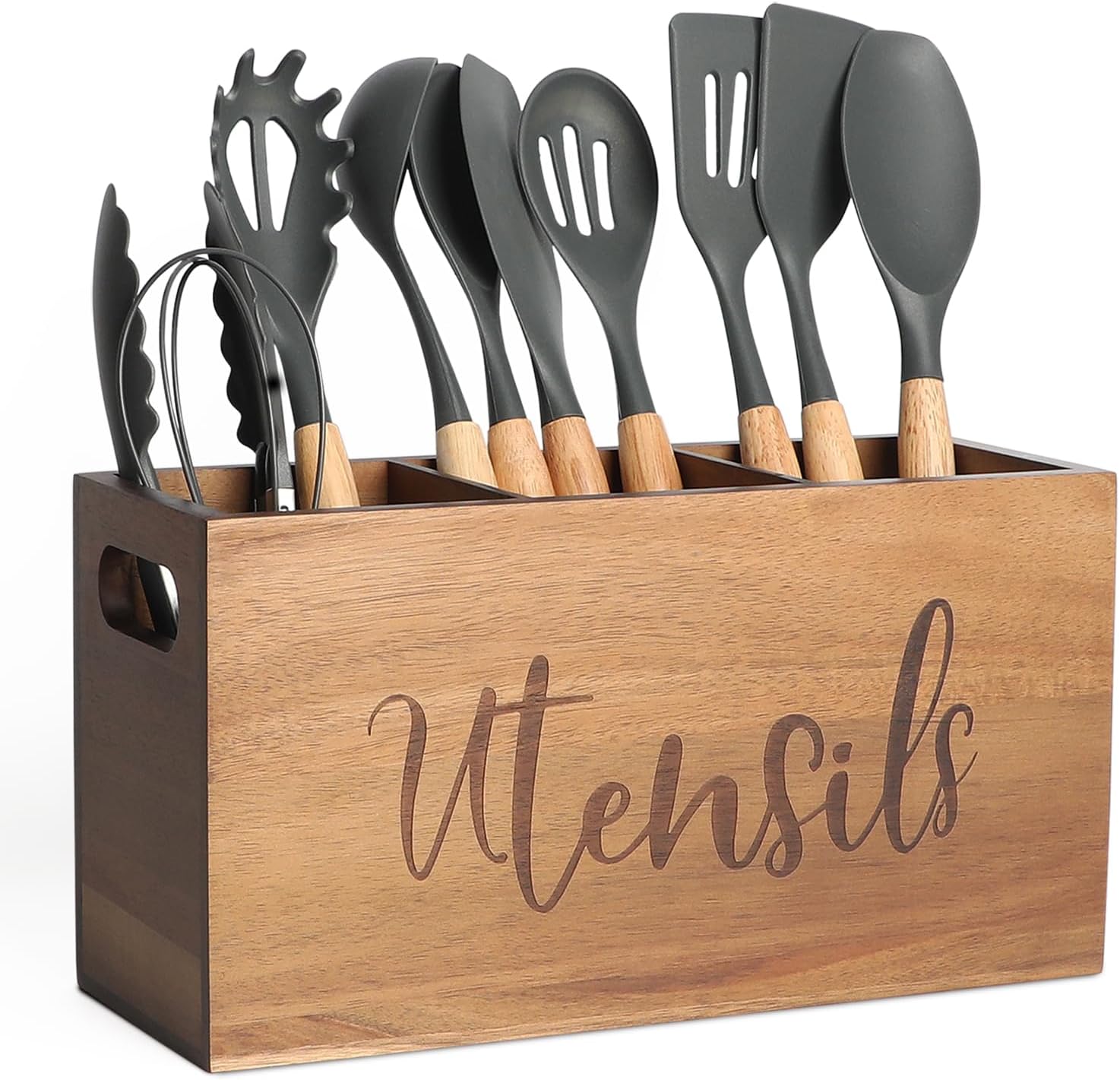 Acacia Wood Utensil Holder,Large Wooden Utensil Holder For Kitchen Counter,Big Storage Caddy With 3 Compartments Flatware Spoon Tool Cutlery (Brown)