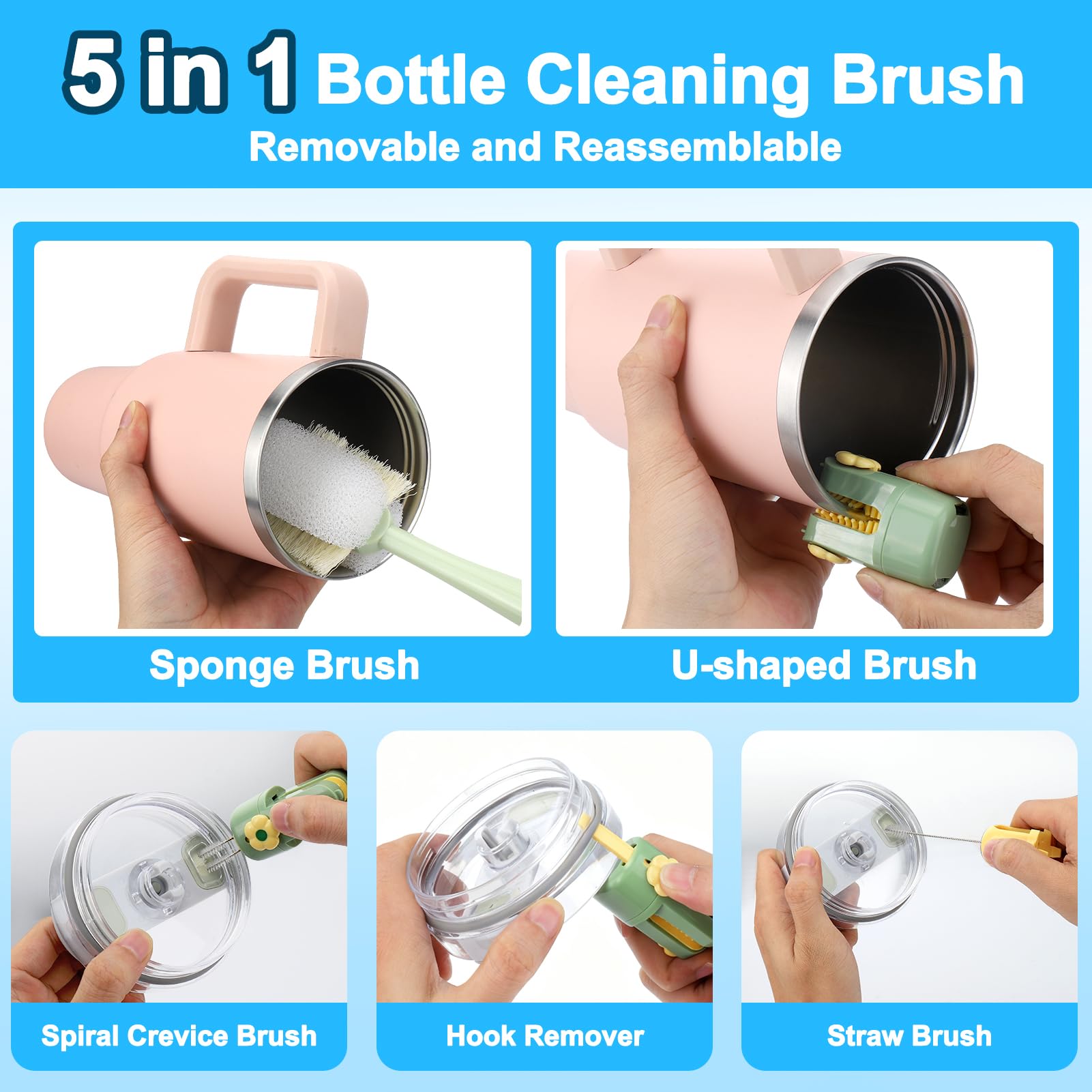 XANGNIER 5-in-1-Flaschenreinigungsbürsten-Set, multifunktionale Wasserflaschenbürste und Strohhalm-Reinigungsbürste, Reinigungswerkzeug-Set für Owala/Stanley/Yeti/einfaches, modernes Becherzubehör