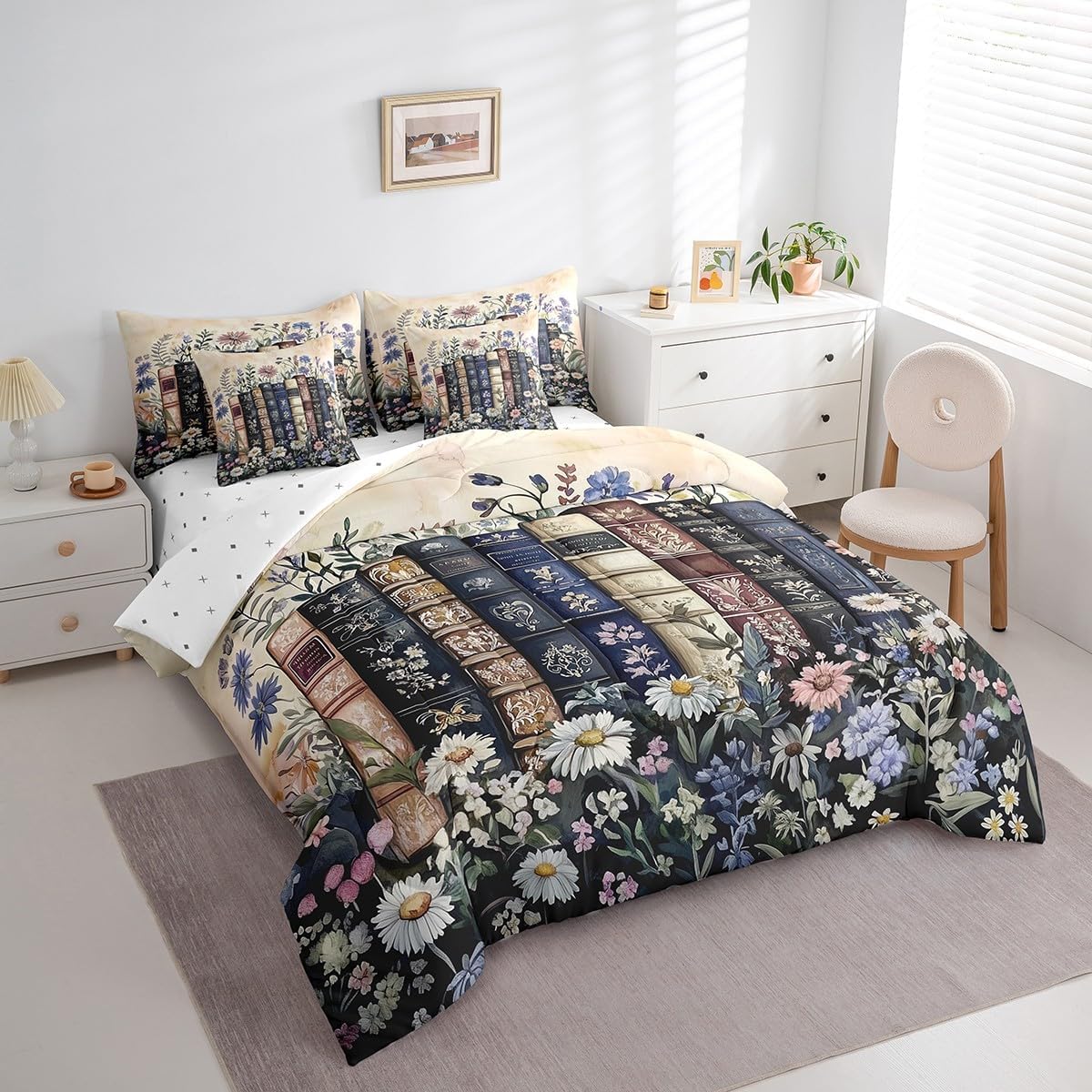 Erosebridal Vintage Book 7 Piece Bedding Set Full Rustic Flowers Comforter Set with Sheets Literary Lover Modern Reading Bed in a Bag Retro Readers Library Bookshelf Bed Sets Comforter
