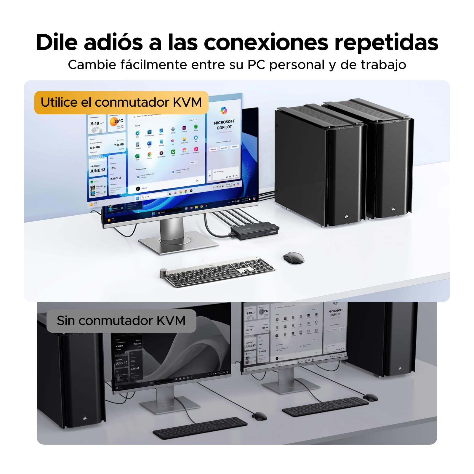 UGREEN Switch KVM HDMI 2.0 2 Entradas 1 Salidas 4K 60 Hz Conmutador KVM para 2 pc con 4 puertos USB 3.0 5Gbps para Teclado Ratón Disco Duro Controlador de Escritorio compatible con Windows Linux macOS