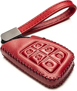 Vitodeco Genuine Leather Smart Key Fob Case with Leather Key Strap Compatible for 2021 Chevrolet Suburban Tahoe (6-Button, Red)
