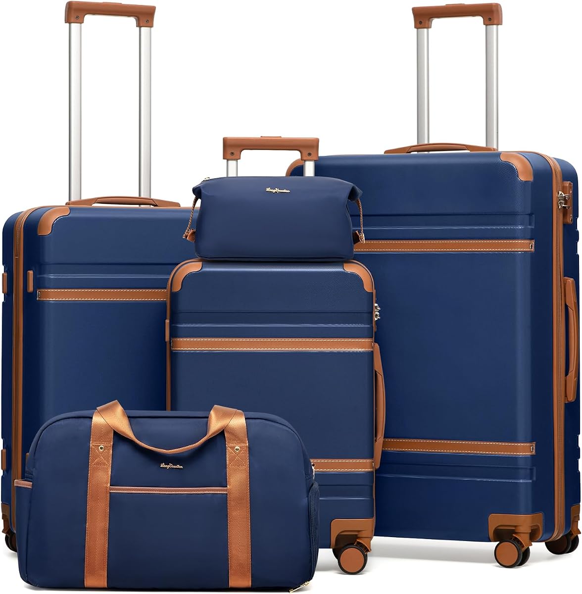 LONG VACATION Luggage Sets with PC+ABS Hardshell，Suitcase Set 5 Piece | Suitcase Set with 360° Spinner Wheels, YKK Zipper& Tsa Approved Carry On Luggage for Family Travel, Blue(20/24/28/DB/TB)