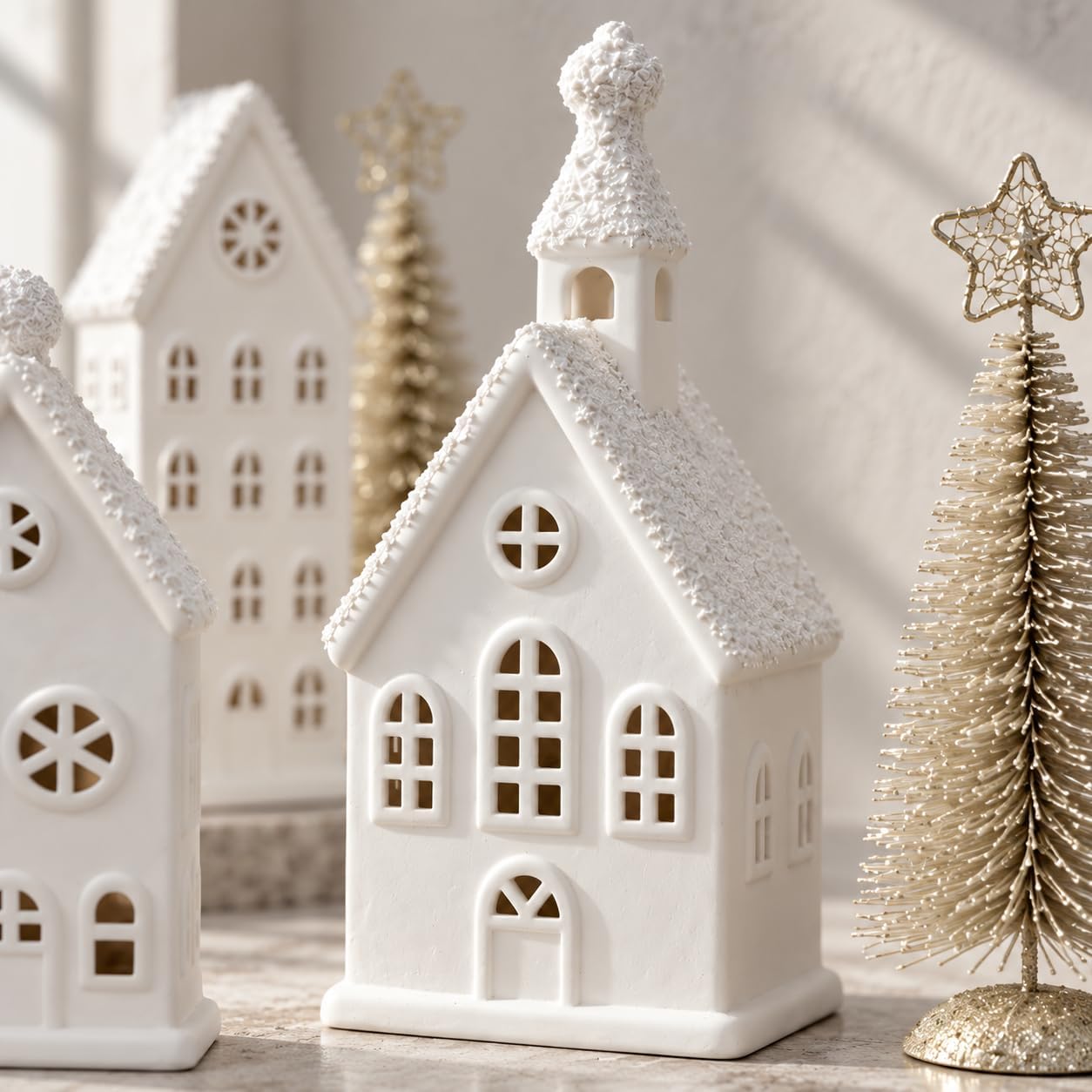 Christmas Village Sets, 8-Piece Modern White Christmas Decorations Indoor