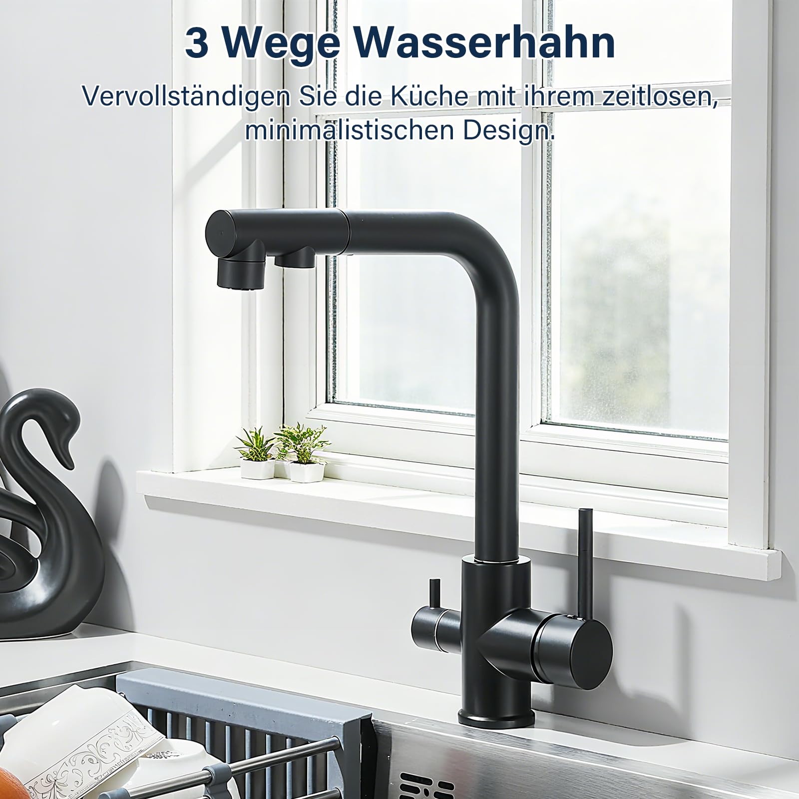 3 Wege Wasserhahn Küche Küchenarmatur 360° Schwarz Schwenkbar Ausziehbar Spültischarmatur 3 in 1 Mischbatterie Küche für Wasserfilter,Trinkwasserhahn mit 2 Hebel ABS Kunststoffdüse