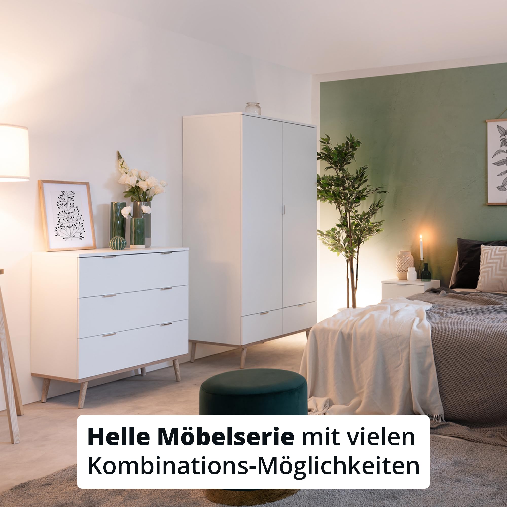 KHG Kleiderschrank 2-türig mit 2 Schubladen Scandi, Schublade, Tür | Sideboard aus Holzwerkstoff weiß foliert für Schlafzimmer, inkl. Kleiderstange 90x180x55 cm (B/H/T), für Stauraum