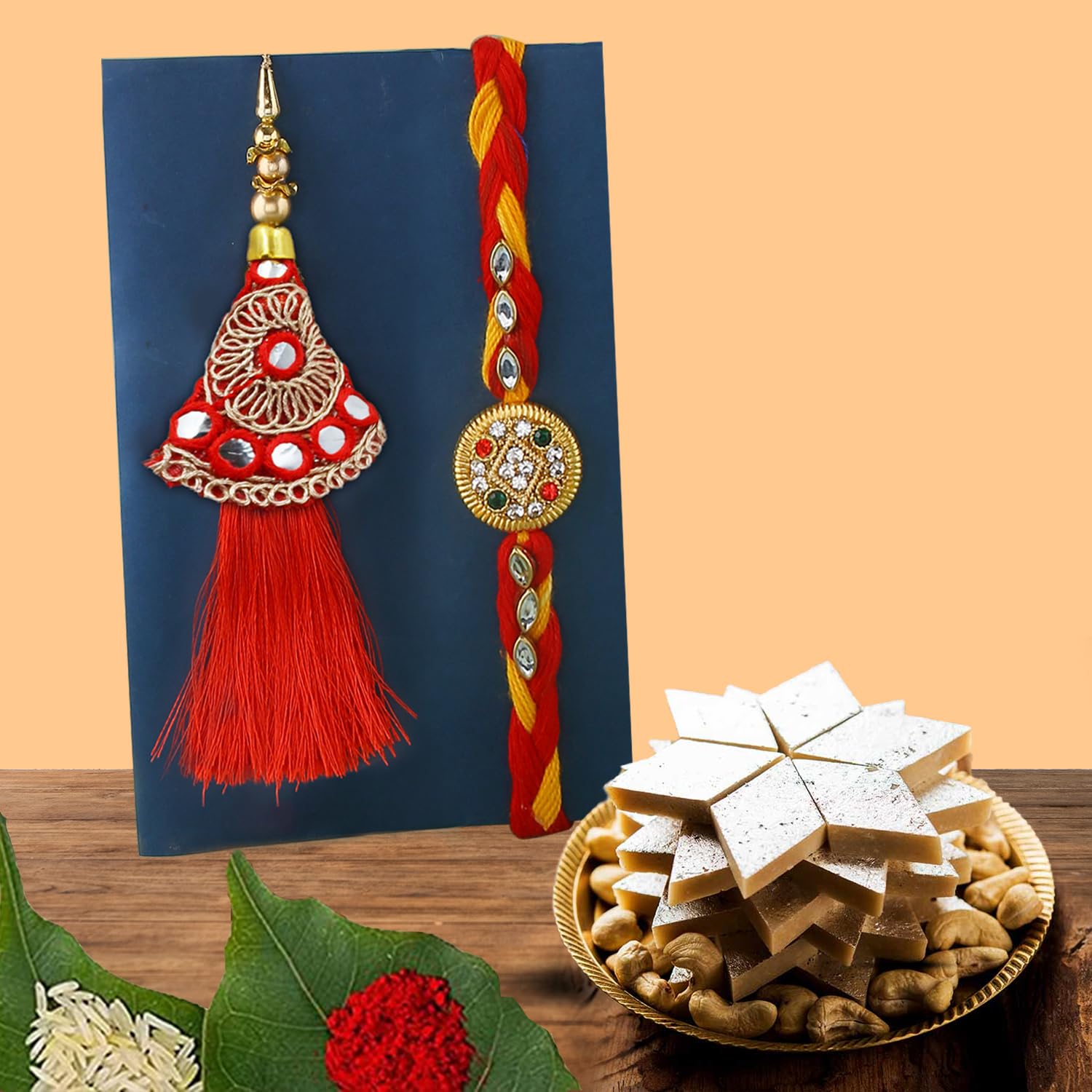 CraftVatika Rakhi Gifts for Brother with Sweets - Rakhi Set of 2 for Bhaiya Bhabhi - Premium Rakhi with Kaju Katli Gift Pack - Bhaiya Bhabhi Rakhi Sweet Box Combo (B0CDPWFG1T) Amazon Price History, Amazon Price Tracker