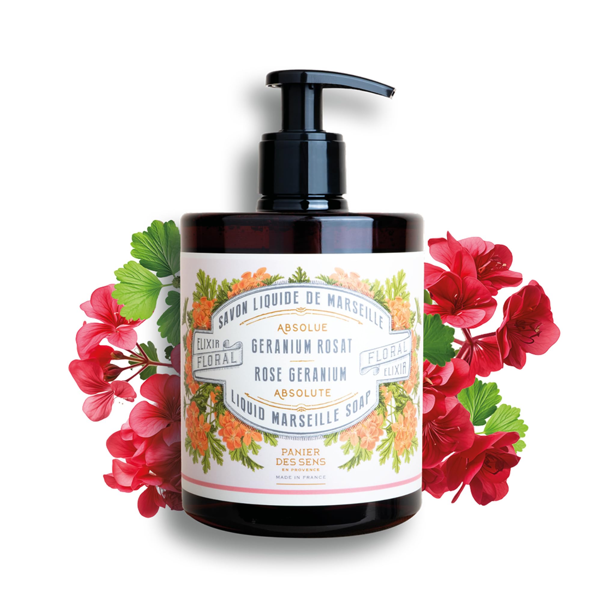 Liquid Hand Soap – Geranium Soothing HandWash – With Olive - Savon de Marseille Made in France - Organic Hand Wash 96% Natural Ingredients - Vegan Soap 500ml