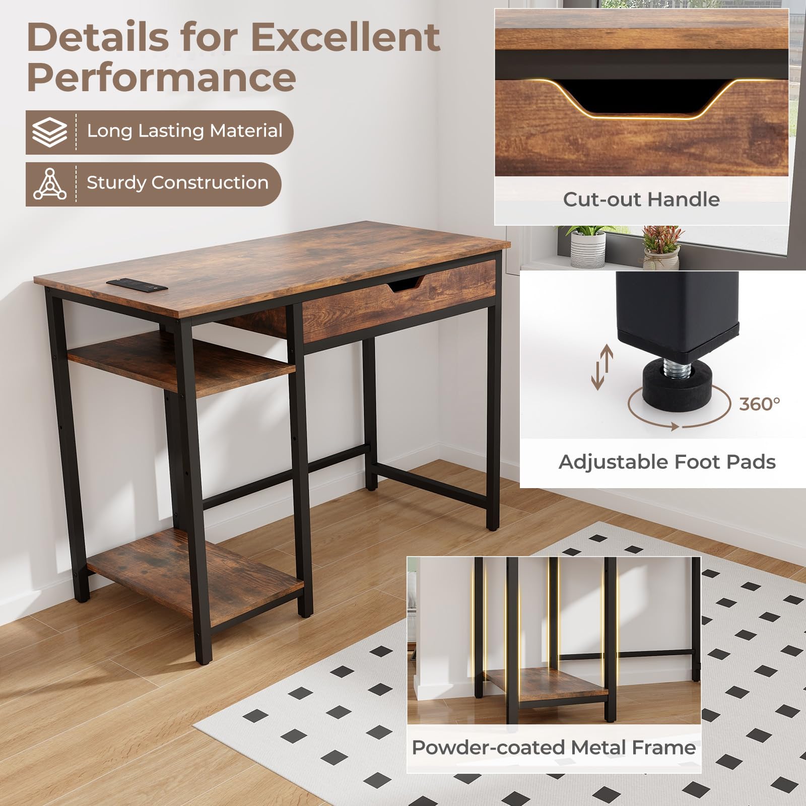 100 cm industrialne drewniane biurko z półką i słuchawkami Hoo stół do nauki do domowego biura rustykalny brązowy PC Laptop Wortat