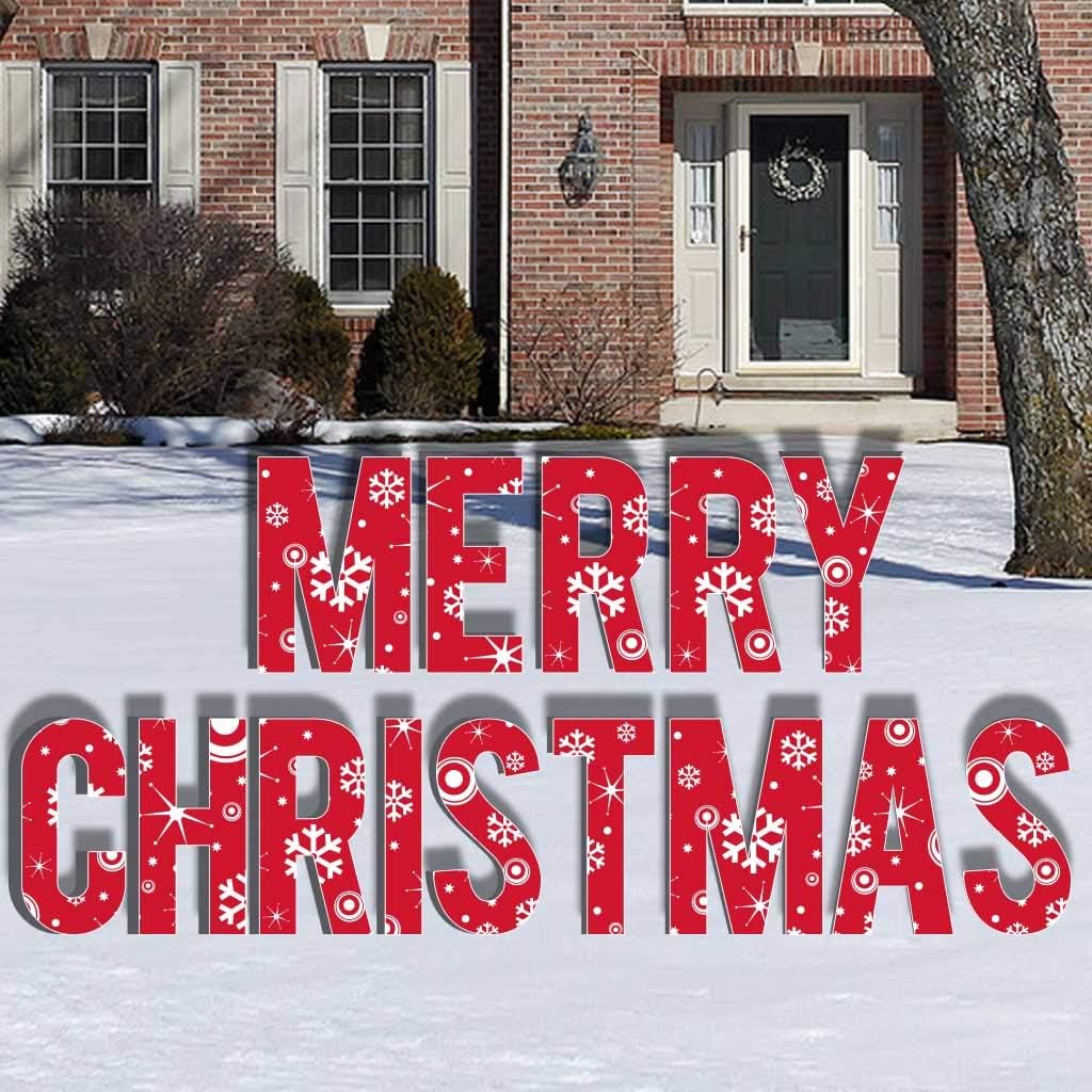 VictoryStore Yard Sign Outdoor Lawn Decorations: Red Snowflake Merry Christmas Yard Sign Letters, Includes 2 Stakes Per Letter