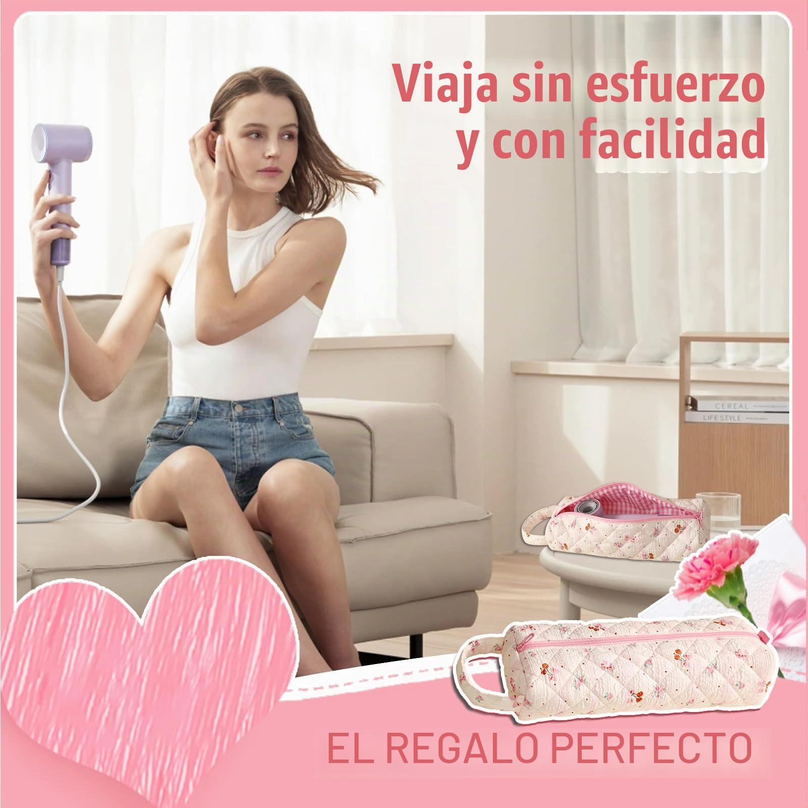 Rosa Claro Floral Bolsa De Almacenamiento De Viaje para Secador De Pelo, PortáTil Funda Plancha Pelo Y Rizador, Ligera Bolsas Viaje para Airwrap Styler Herramientas De PeluqueríA Organizador