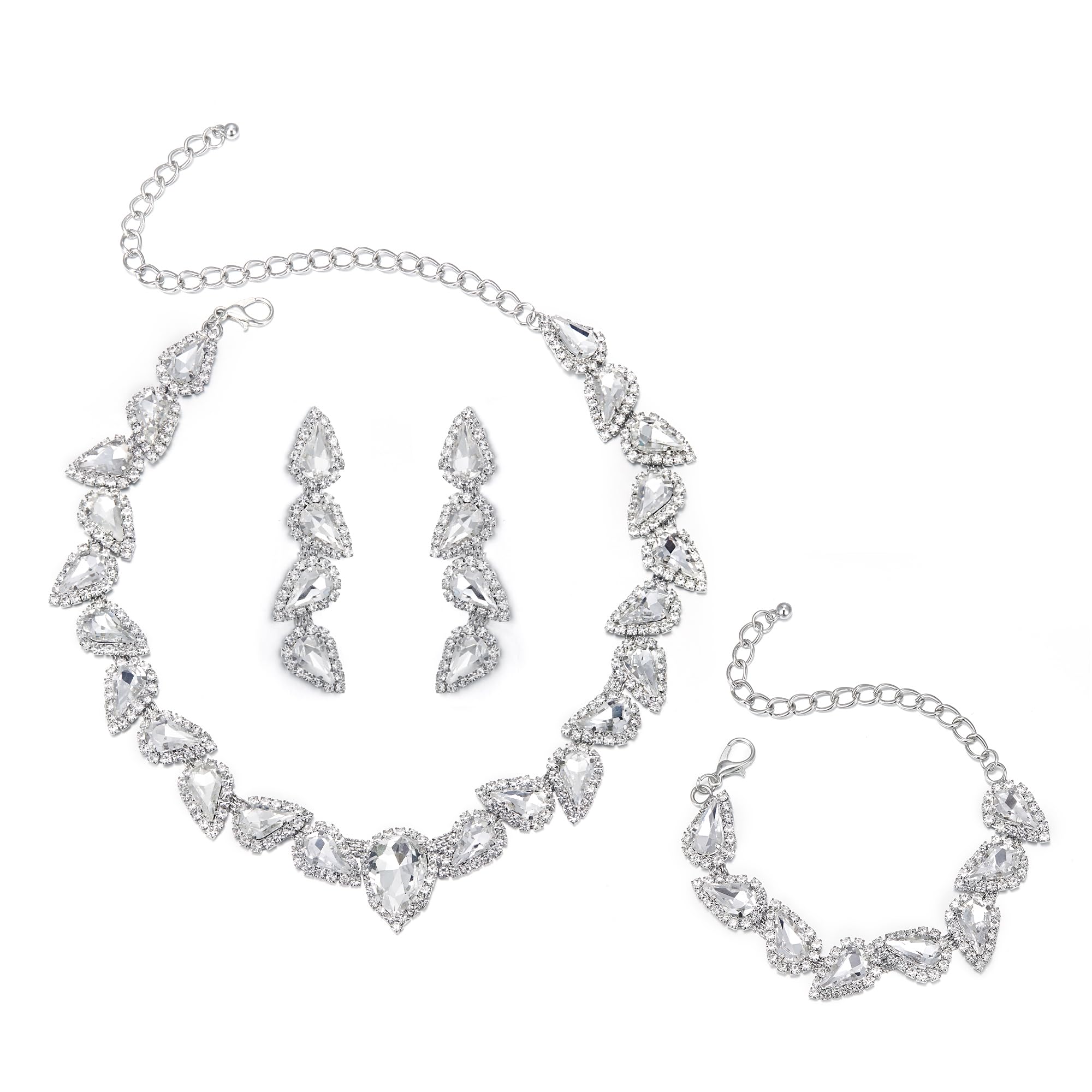Crysdue Juego de joyas de diamantes de imitación, collar de corte redondo en forma de lágrima, collar y aretes para mujer