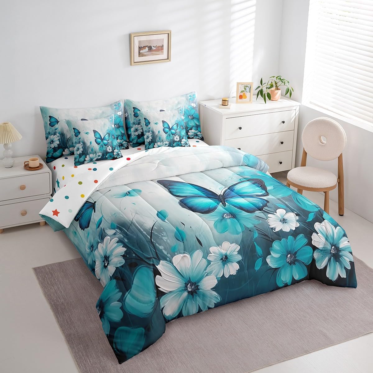 Erosebridal Butterfly Flowers Bed in a Bag King Size Comforter Set 7 Pieces,Teal Ombre Art Oil Painting Floral Bedding Sets Rustic Aesthetic Animal Daisy Flower Sheet Set with Comforter