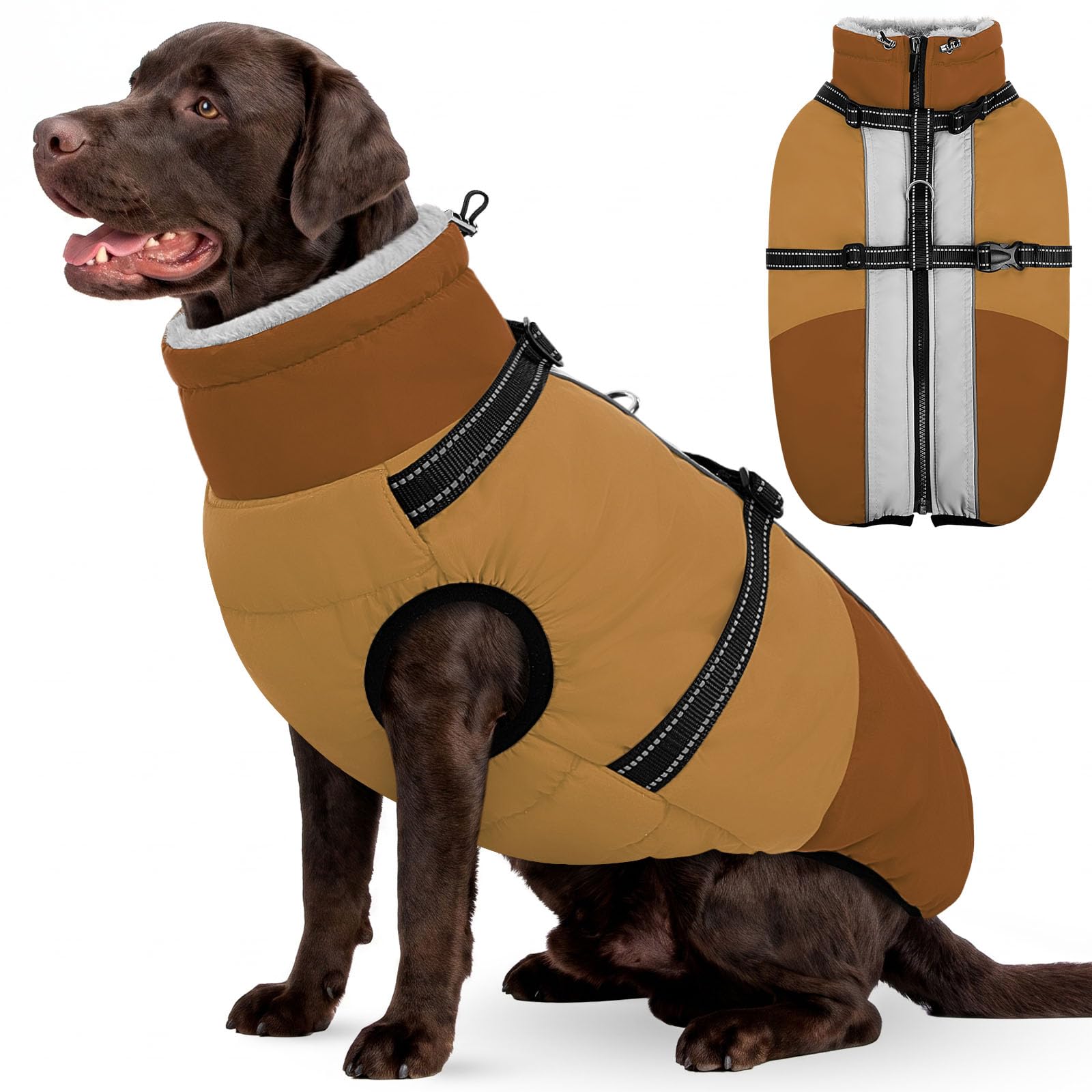 AOFITEE Large Dog Coat with Harness Waterproof Dog Winter Jacket Zip Up