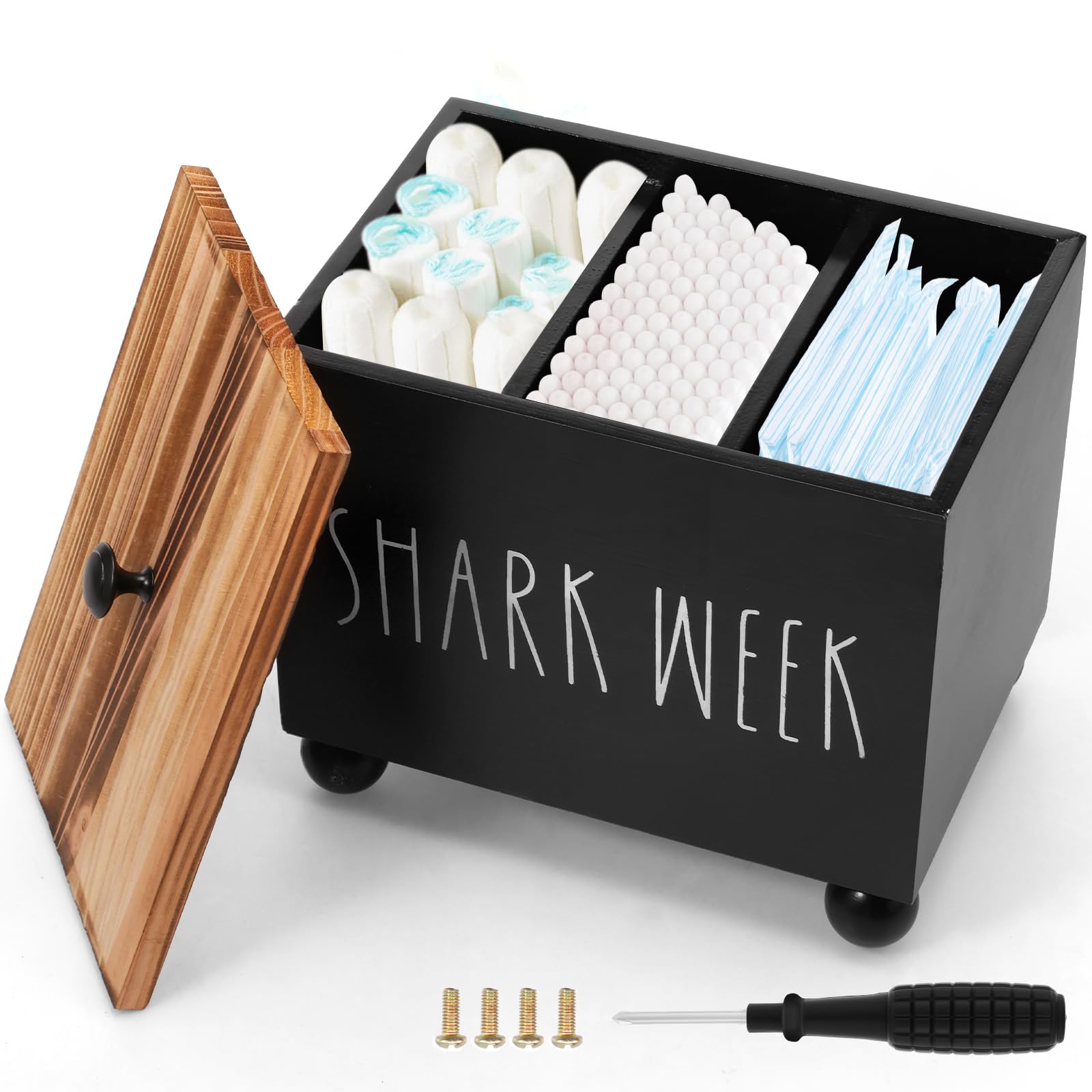 Tampon Holder for Bathroom, Girl Stuff Storage Box with Lid, Multipurpose Pad and Tampon Organizer with Compartments, Rustic Wood Cotton Buds Dispenser Feminine Products Caddy for Women(black)