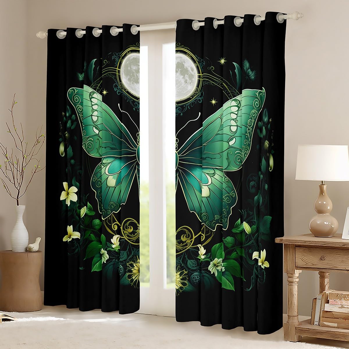 Castle Fairy Butterfly Window Curtain,Moon Night Curtains,Flower Leaves Window Treatment Curtain for Kids Girls Boys Woman Room Decor,Exotic Boho Style Black Green Window Drapes,2 Panels,38Wx45L