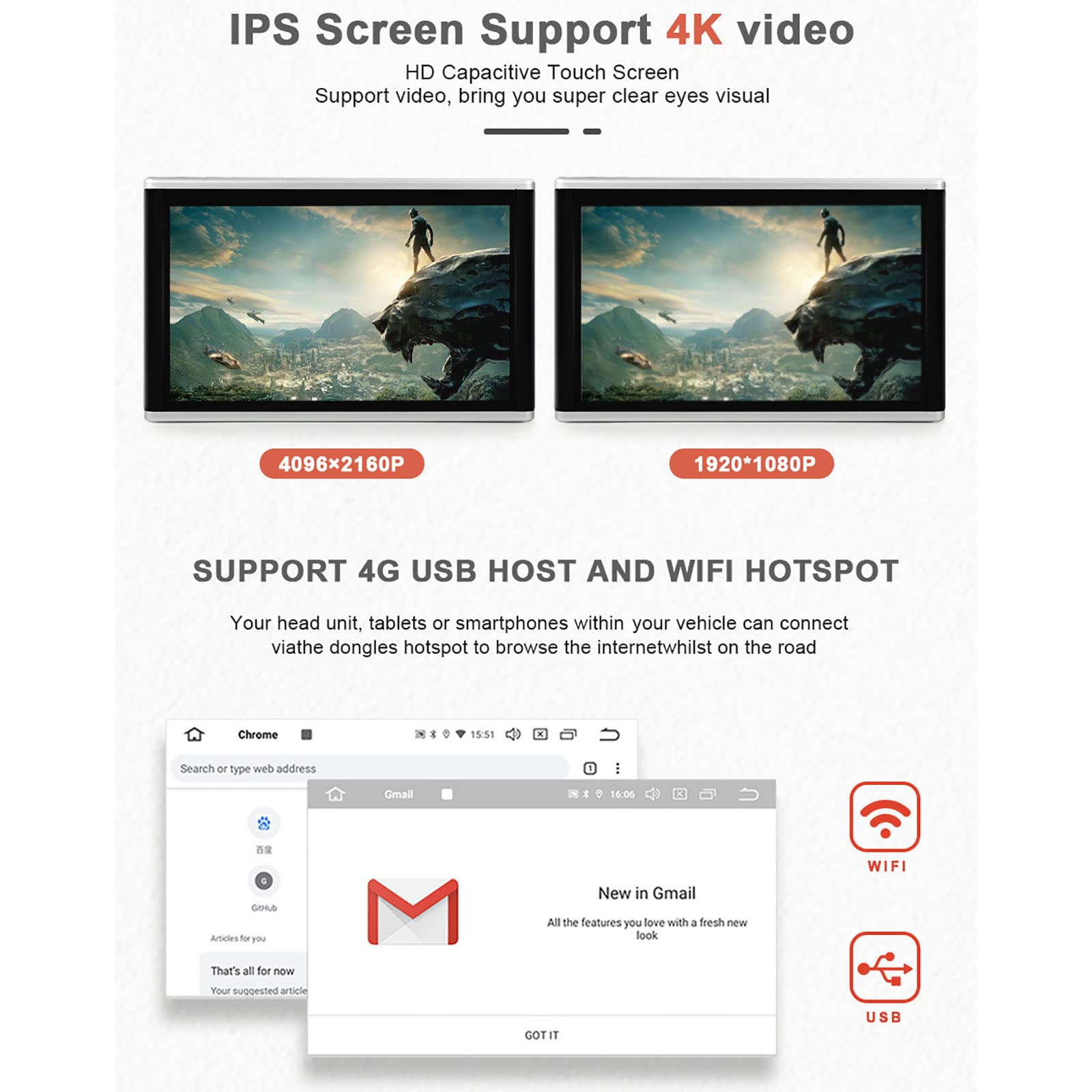 Monitor De Reposacabezas De TV para Coche, Pantalla TáCtil De 13,3 Pulgadas, Reproductor De VíDeo De PelíCula De Tableta, Android 9,0 4K 1080P WiFi Bluetooth USB Hdmi Airplay,Black-32G