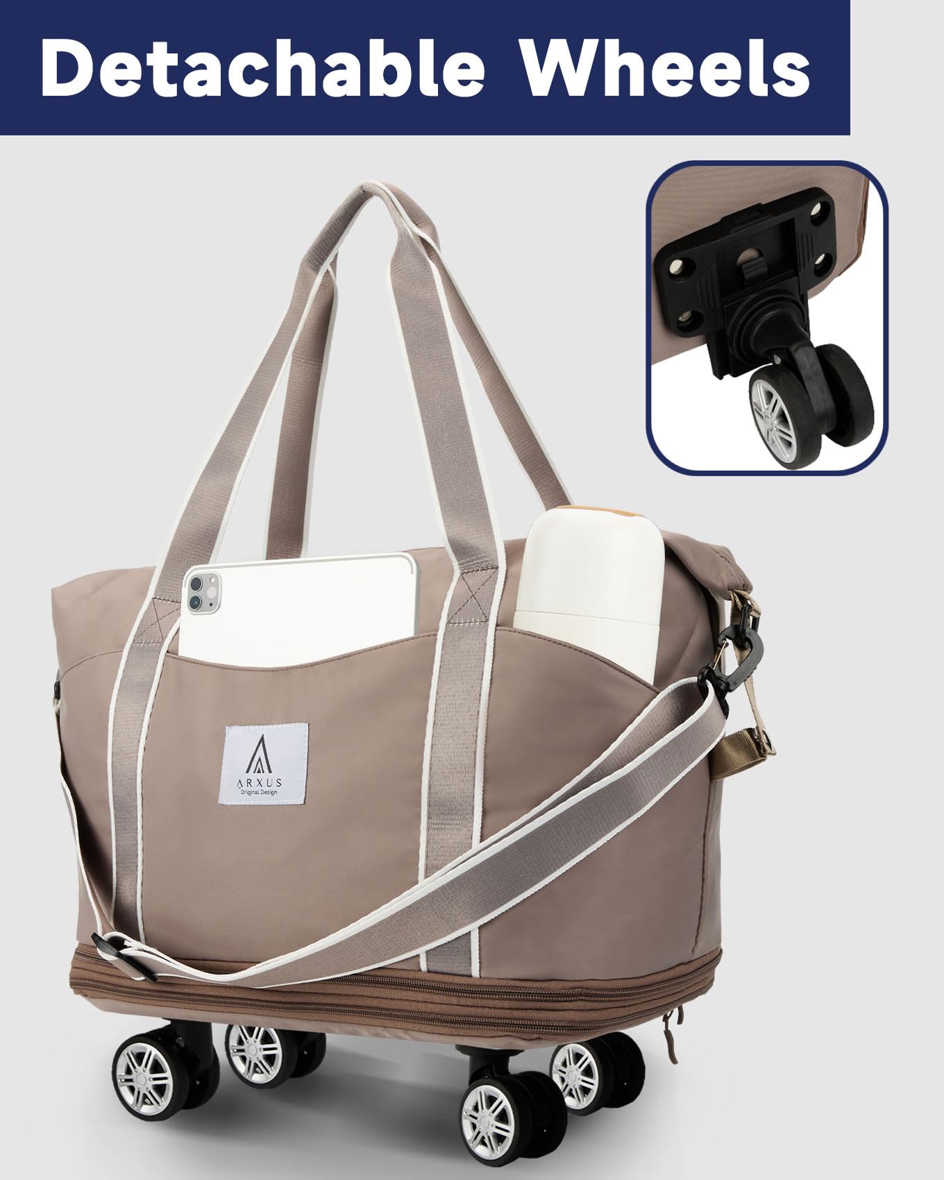 Arxusrolling Duffle Bag With Detachable Wheels And Adjustable