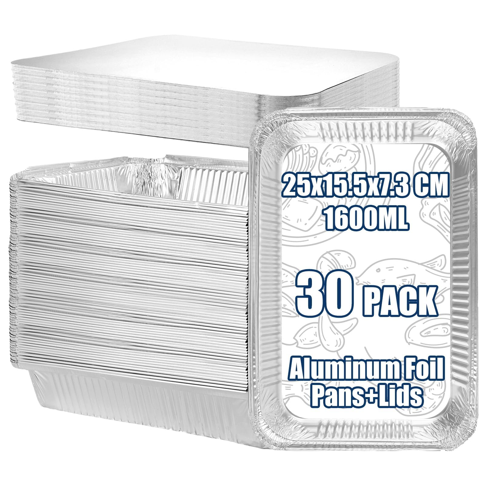LOPYXBR 30PCS Aluminium Foil Trays with Lids 1600ML Tin Foil Containers with Lids Aluminium Takeaway Containers for Oven-Safe Baking, Cooking, Airfryer Use, BBQ (9.8x6x2.87inches)
