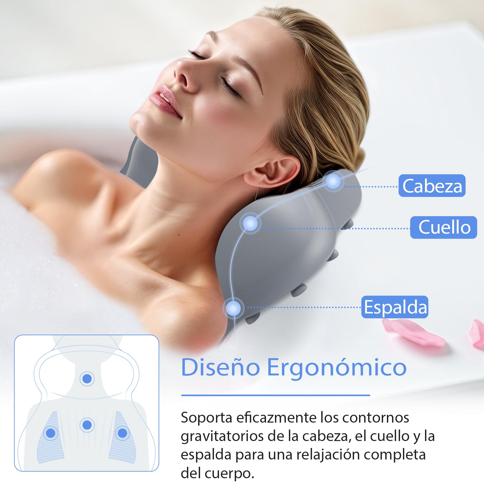 Almohada de Baño de Silicona, Soporte para Cabeza/Cuello/Espalda y Airbag Inflable 4D con Sistema de Presión, Ventosas Antideslizantes Reforzadas, Secado Rápido, Fácil de Almacenar L