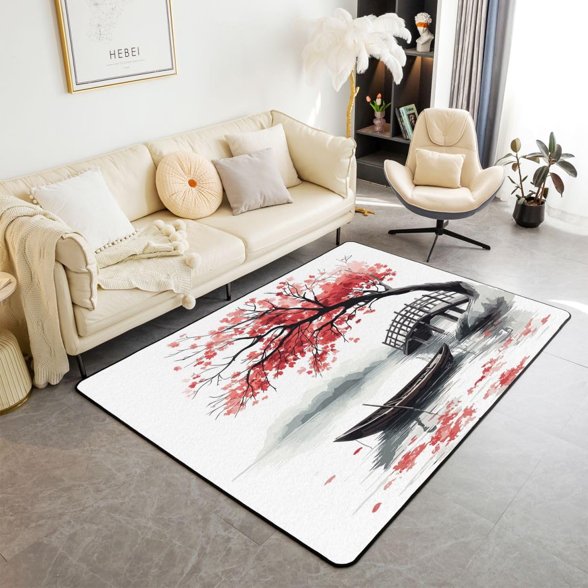 Erosebridal Red Cherry Blossoms Printed Area Rug for Girls,Japanese Style Carpet 3x5,Japan Indoor Floor Mat Washable,Ink Painting Living Room Rugs for