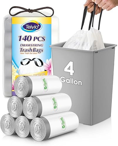 4 Gallon 140 Counts Strong Drawstring Trash Bags Garbage Bags by Teivio, Bathroom Trash Can Bin Liners, Small Plastic Bags for home office kitchen, White