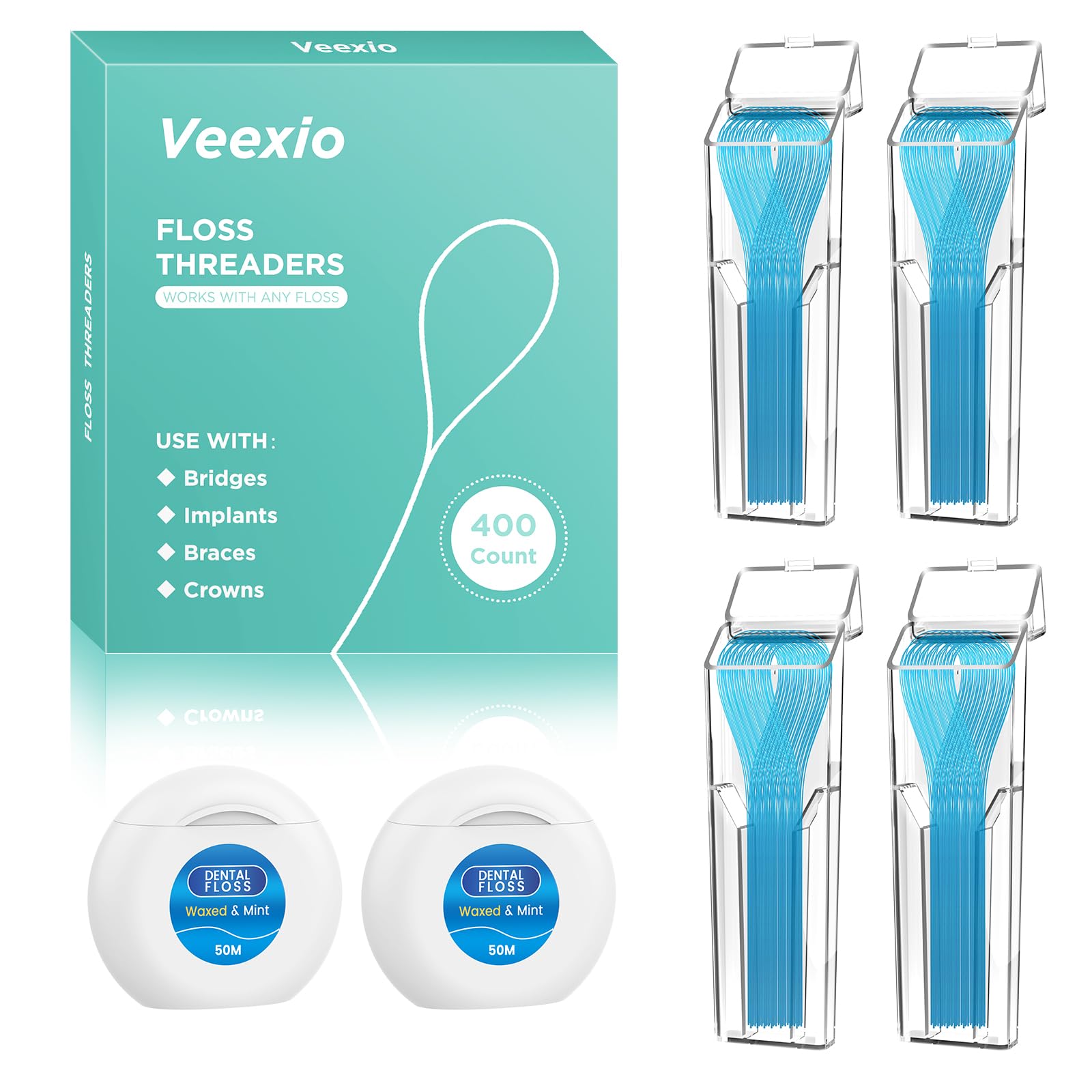 Floss Threaders 400 Count 4 Pack with 2 Pack of 50M Mint-Flavored Waxed Dental Floss for Braces Bridges
