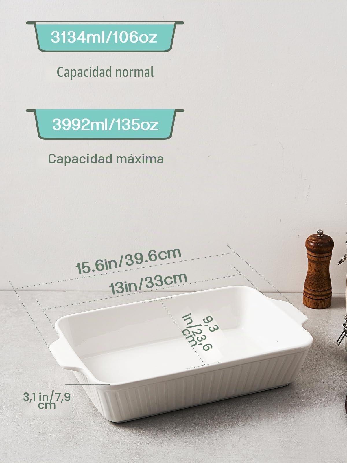 DOWAN Cazuela, 9x13 Plato de Cerámica para Hornear, Molde Grande para Lasaña, 4.2 Cuartos con Asas, Apto para Horno y Duradero para Lasaña, Regalo de Boda, Blanco