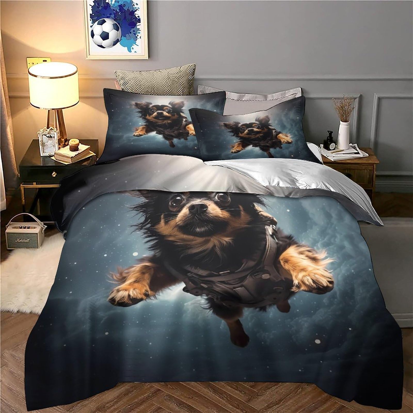 Avventura con un cane nello spazio Impressione 3D 3 pz cover piumone Fantasia cosmica di animali domestici coperteletto microfibra morbida antiacari per bambini ragazzi adulti King（220x240cm）