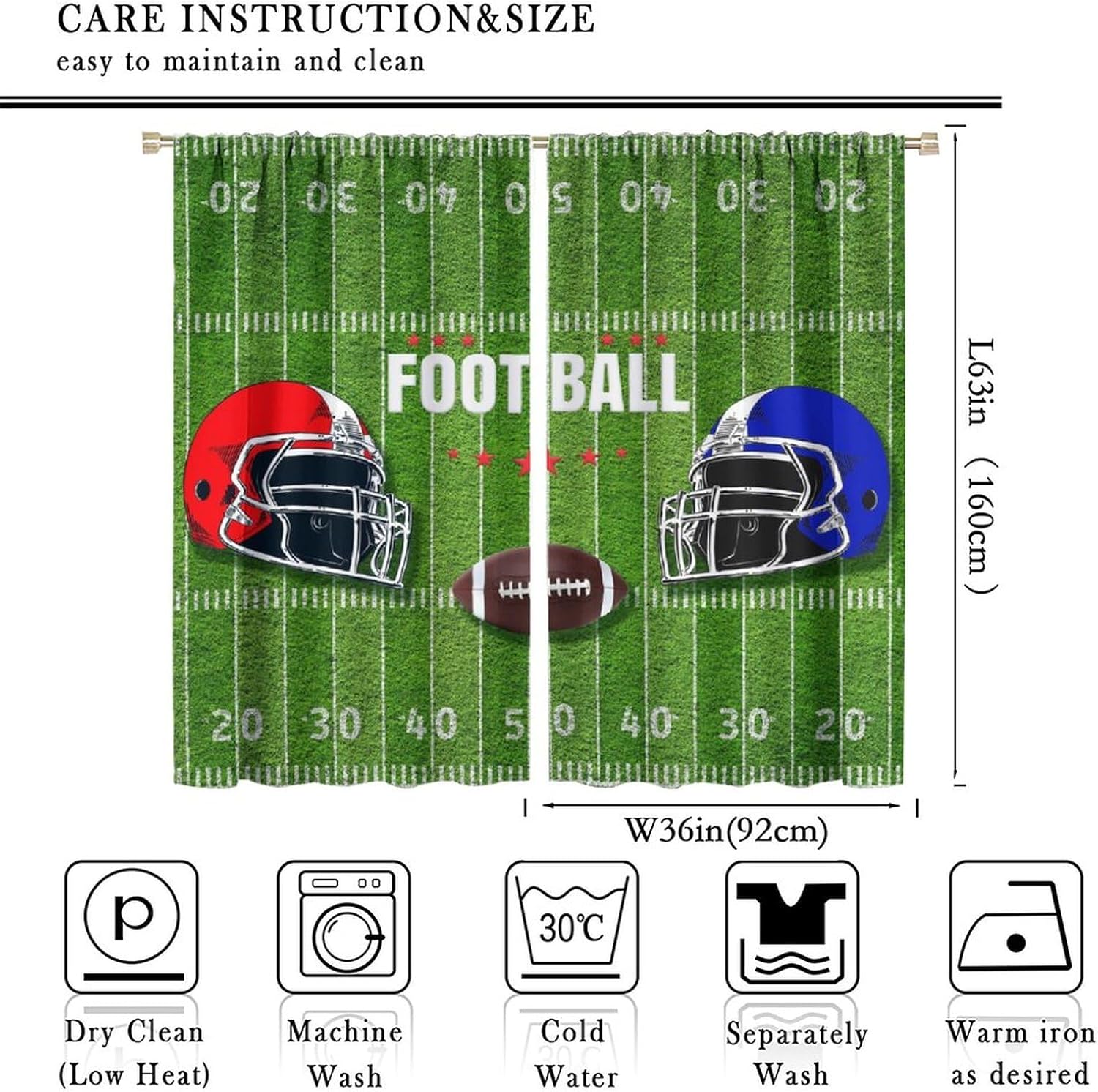 American Football Sports Games Curtains,Abstract Rugby Ball Helmet Design Window Treatments Thermal Insulated Rod Pocket Blackout Curtains for Bedroom 2 Panels 63" L x 36" W