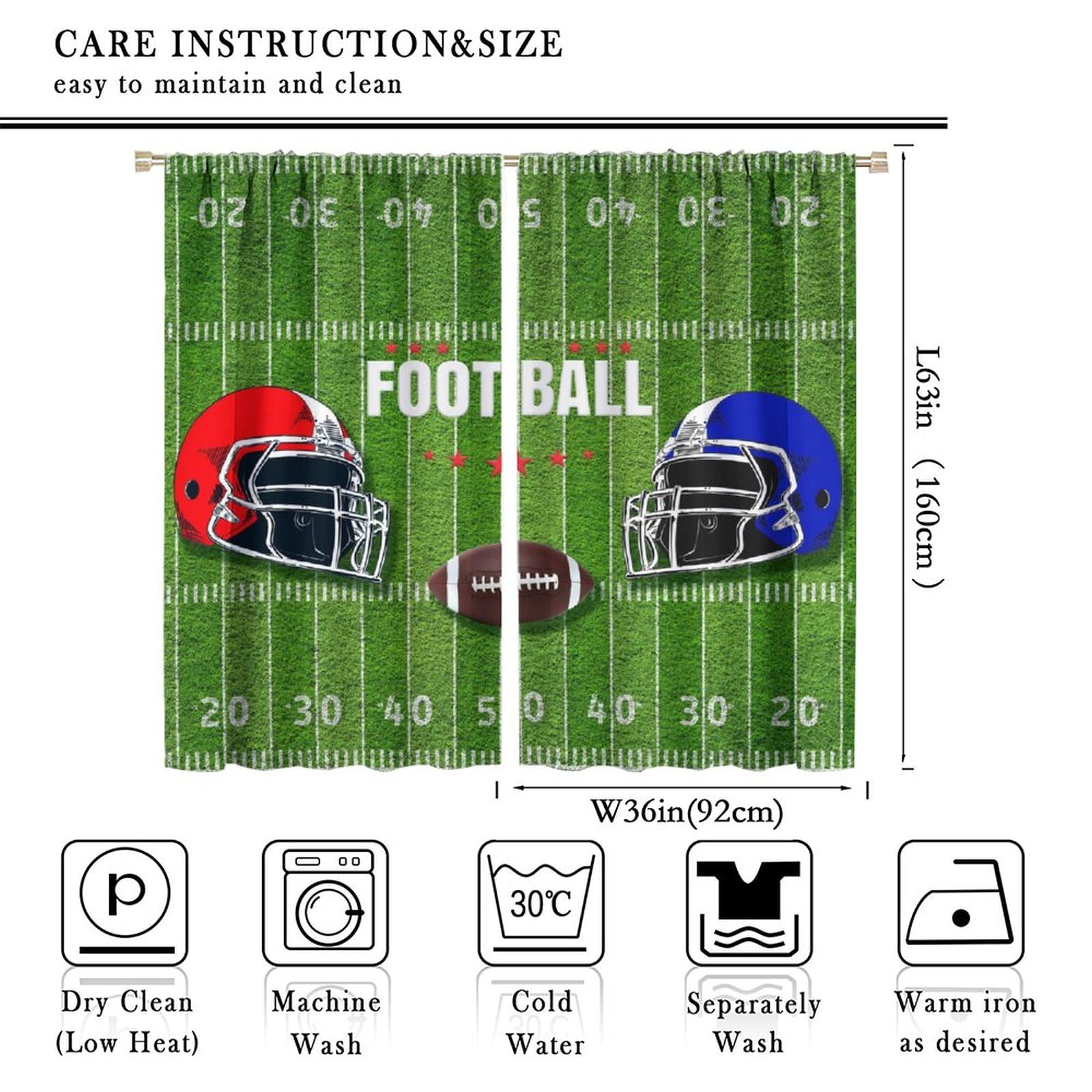 American Football Sports Games Curtains,Abstract Rugby Ball Helmet Design Window Treatments Thermal Insulated Rod Pocket Blackout Curtains for Bedroom 2 Panels 63