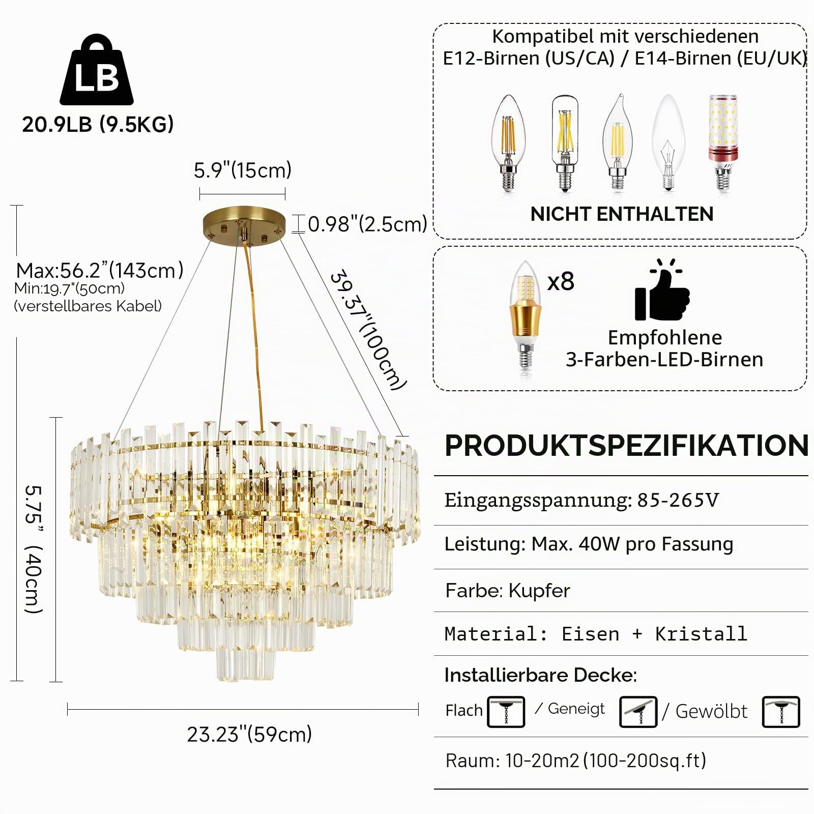 Moderne Gold Kristall Kronleuchter, Runde Pendelleuchte aus klarem Kristall für Esszimmer, Wohnzimmer, Schlafzimmer & Restaurant, E14 x 8, Φ60 cm