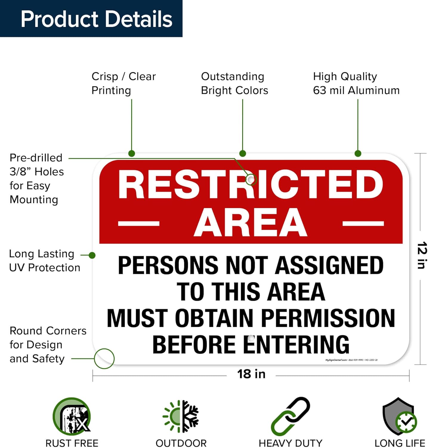 Restricted Area Persons Not Assigned To This Area Must Obtain Permission Before Entering Sign, 12x18 Inches, Rust Free .063 Aluminum, Fade Resistant, Made in USA by My Sign Center