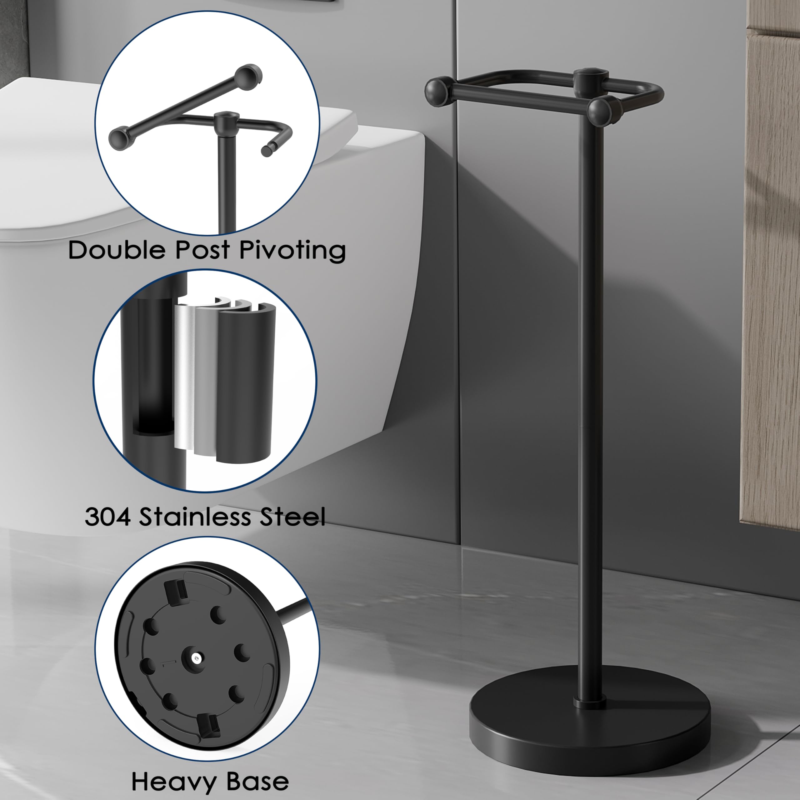 WZRUA Toilet Roll Holder Free Standing, Toilet Roll Stand with Post Pivoting Design - Image 3