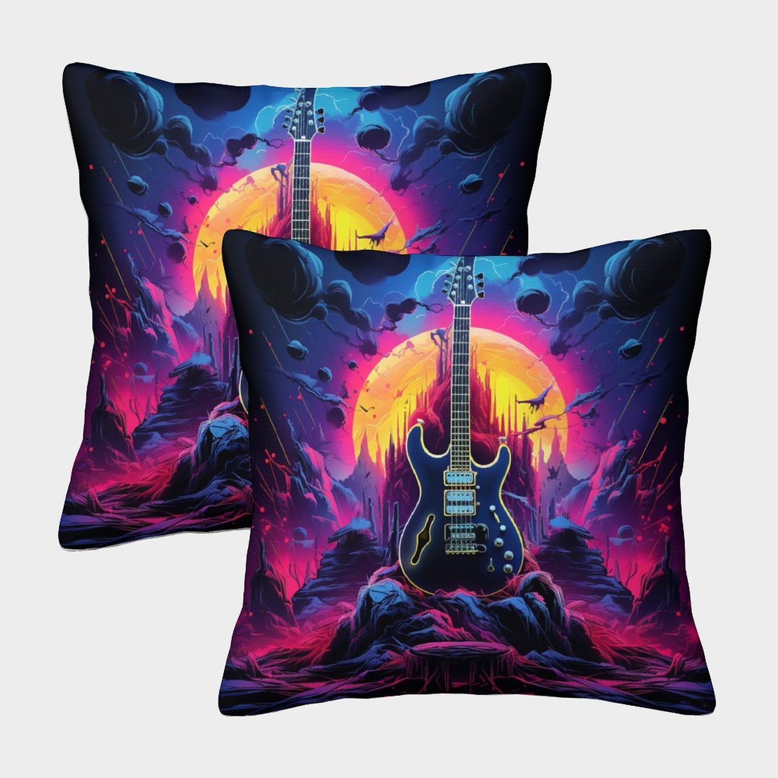 GXYUAOIEF Electric Guitar Cushion Covers Set of 2 Fantasy Landscape Square Pillowcases for Sofa Bed Garden Outdoor with Invisible Zip Furniture Decorative 40x40cm