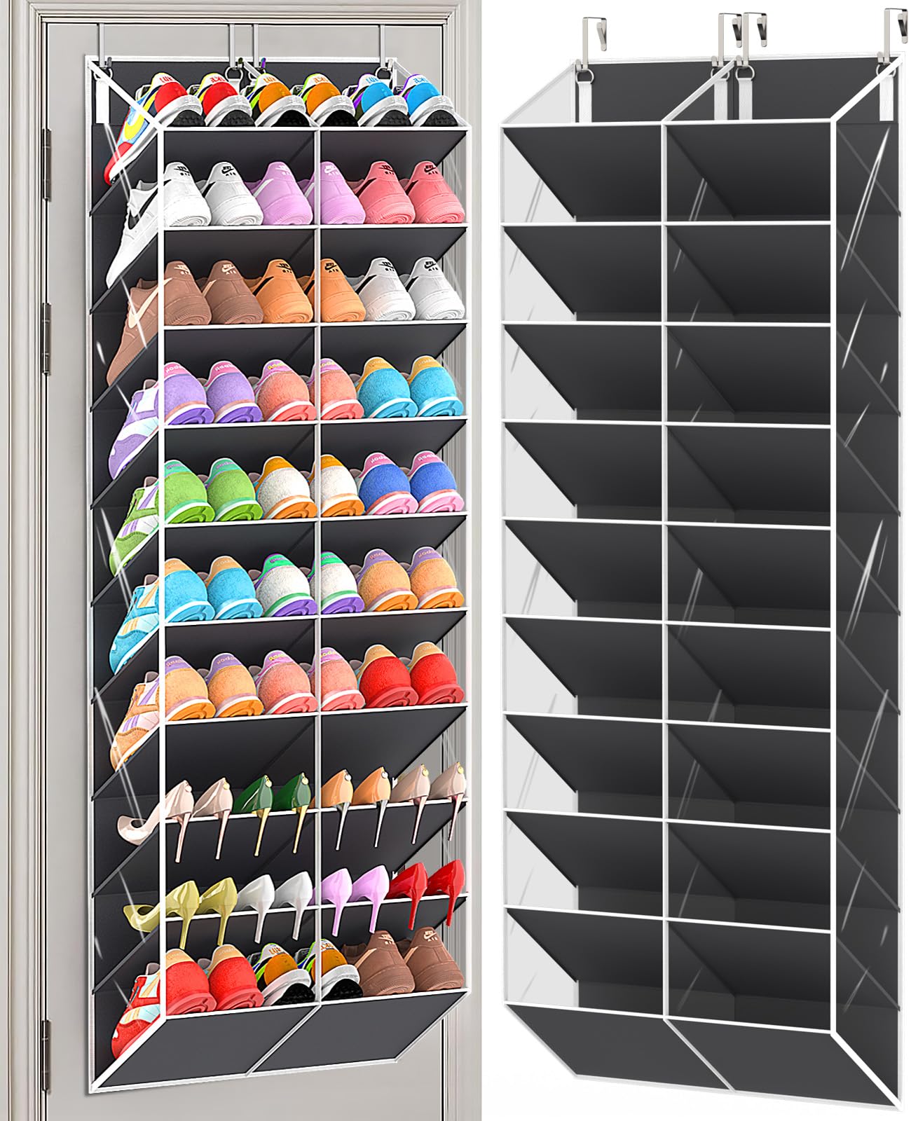 UVIAHOMI 10 Tier Clear Over the Door Shoe Organizer, 20 Large Deep Pockets, Fit 20-30 Pairs Shoe Holder Hanging Storage, Closet Rack Hanger Holds Up to 80 lbs, Hangs on Closets for Shoes, Dark Grey