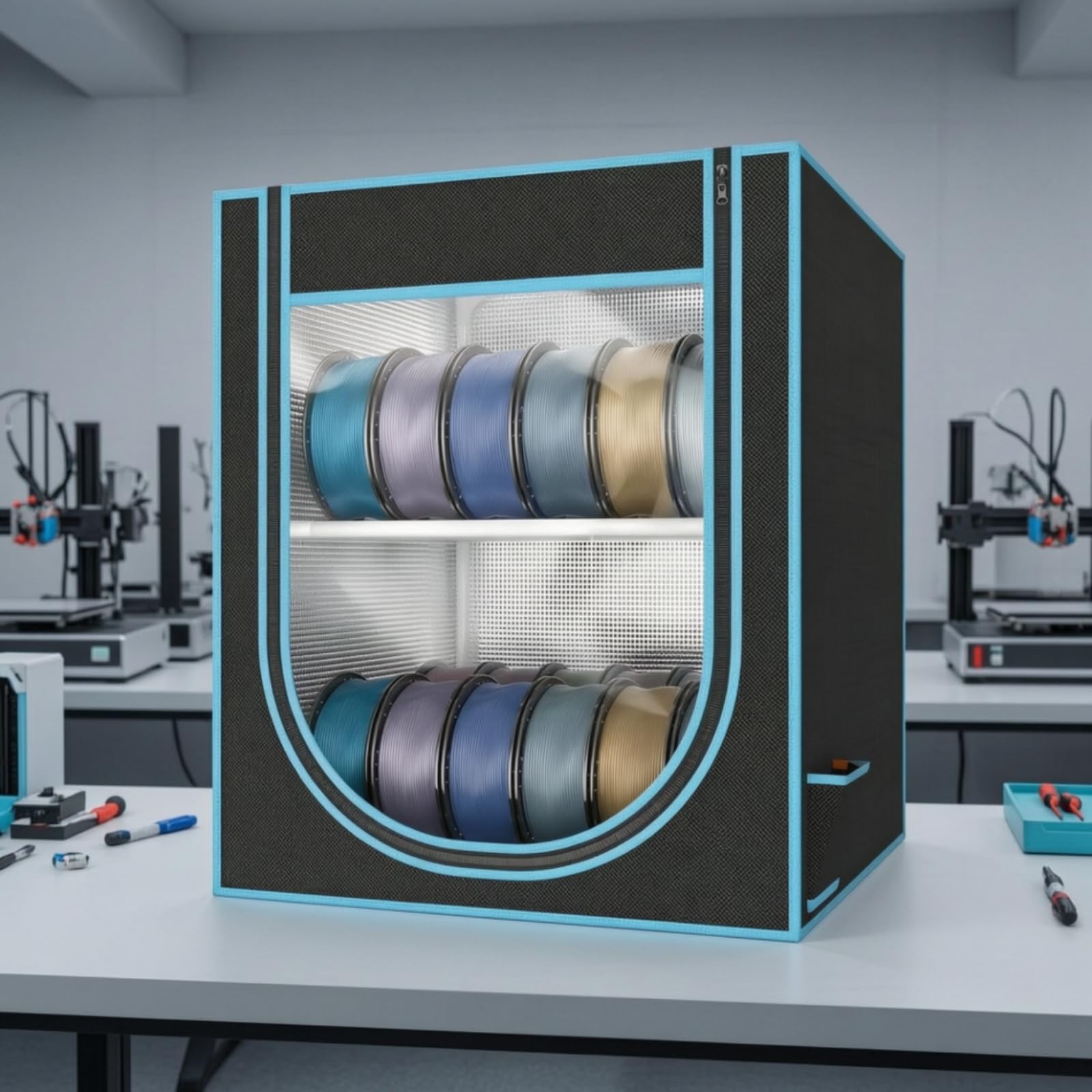 Filament-Aufbewahrungsbox mit Sichtfenster staubdicht Spulenbox mit Deckel feuchtigkeitskontrolliert Aufbewahrungsbox für Maker, Hobbyraum, Blau