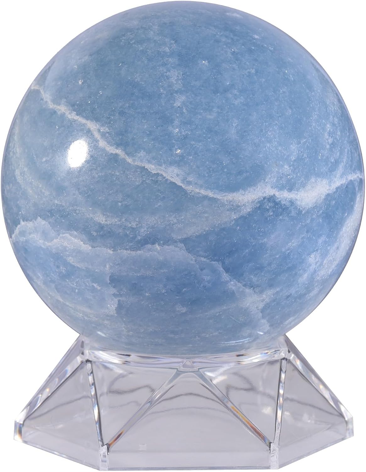 Rockcloud Natural Blue Celestite Crystal Ball with Acrylic Stand Polished Decorative Sphere Figurine Sculpture for Divination, 2.79-3.14 Inches