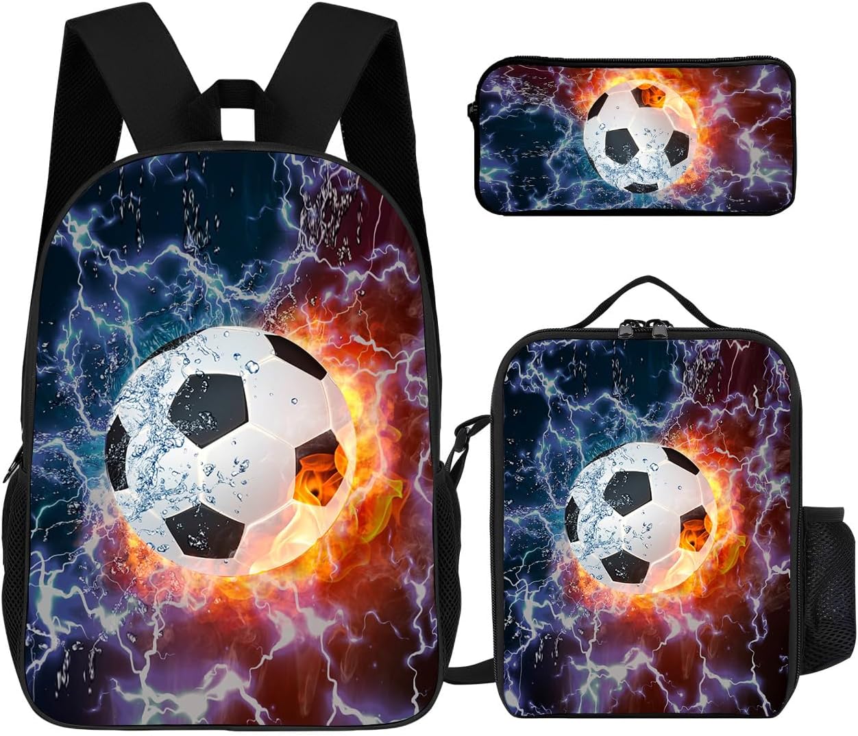 3Pcs Cartoon Backpack, Lightweight Daypack Set with Lunch Box Pencil Bag for Teenagers Boys And Girls Travel (Burning Football)