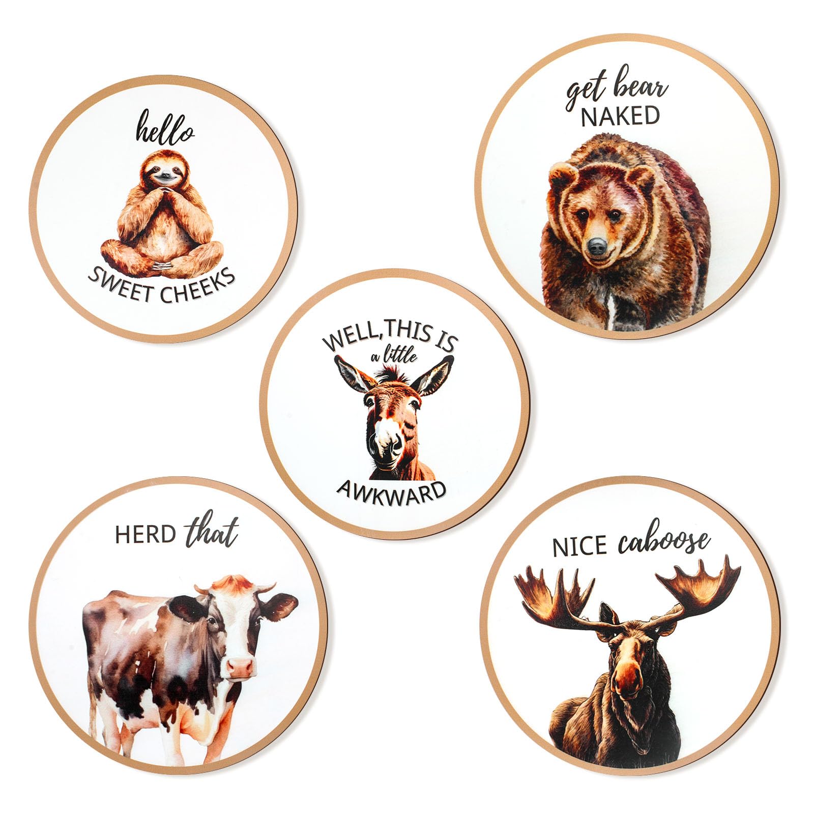 Lenkyin Set of 5 Bathroom Art Moose, Cow, Bear,Sloth & Donkey for ...