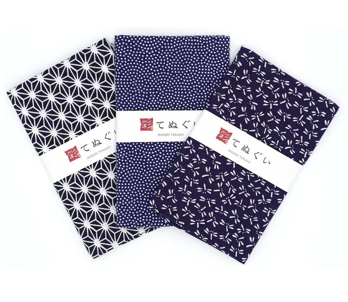 Komesichi Navy Pattern B Irodori Japanese Traditional Towel Tenugui With Fray Prevention Processing Set Of 3 With Tenugui Iroha (English Manual)