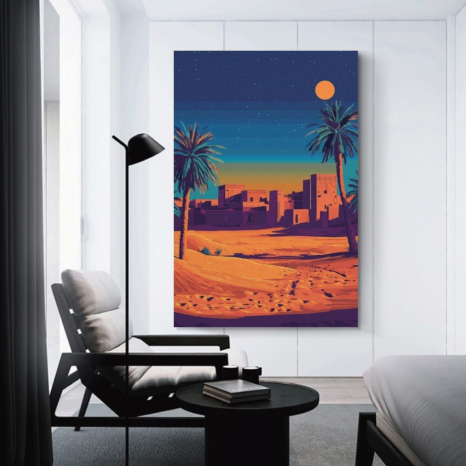 Junmoney Desert Oasis Night Scene Illustration Wall Art Print, 20x30inch(50x75cm), for Living Room, Bedroom, Office Or Hallway, Canvas Wall Art That Fits Changing Layouts