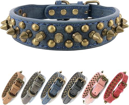 Collar de perro con tachuelas, collar redondo de bronce antimordeduras (azul, XS)