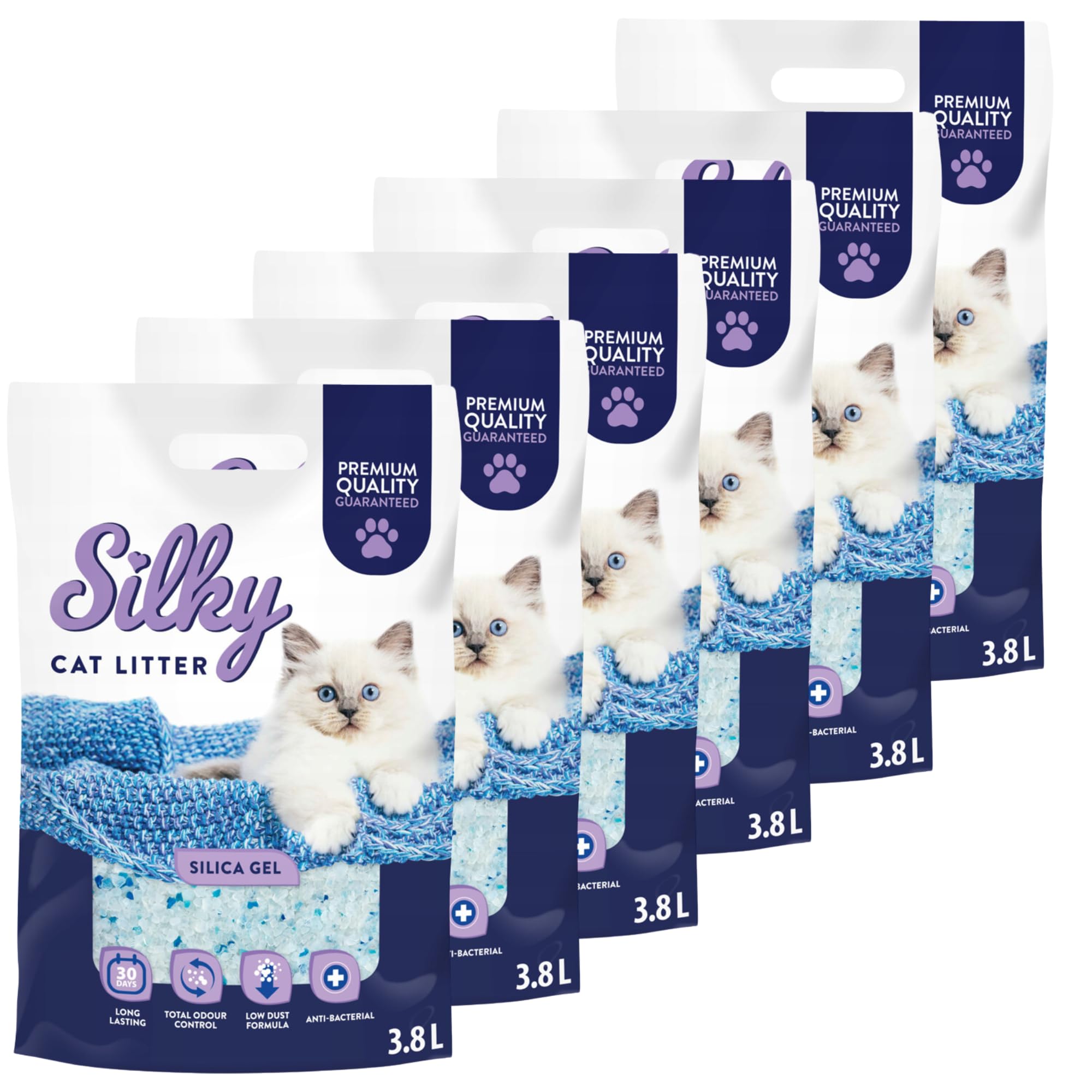 Silky Silikat Katzenstreu, Staubfrei Unparfümiert Kristall Silikatstreu, Geruchsneutral, Hohe Saugkraft, Antibakteriell | 22,8L - 6er-Pack