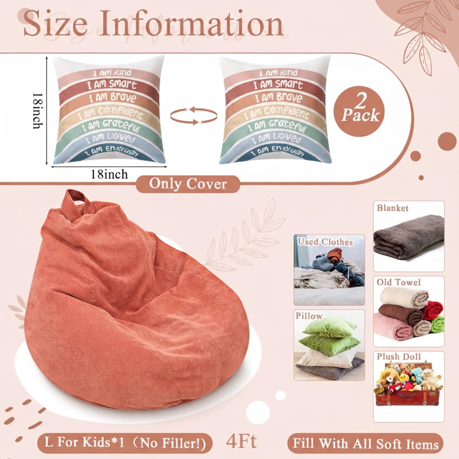 Stuffed Animal Storage Bean Bag Chair Cover (No Filler) Cozy Corner for Kids Classroom with Rainbow Throw Pillow Covers, Bean Bag Chair for Reading Nook, Classroom, Nursery(Large,Rainbow,Dusty Pink)