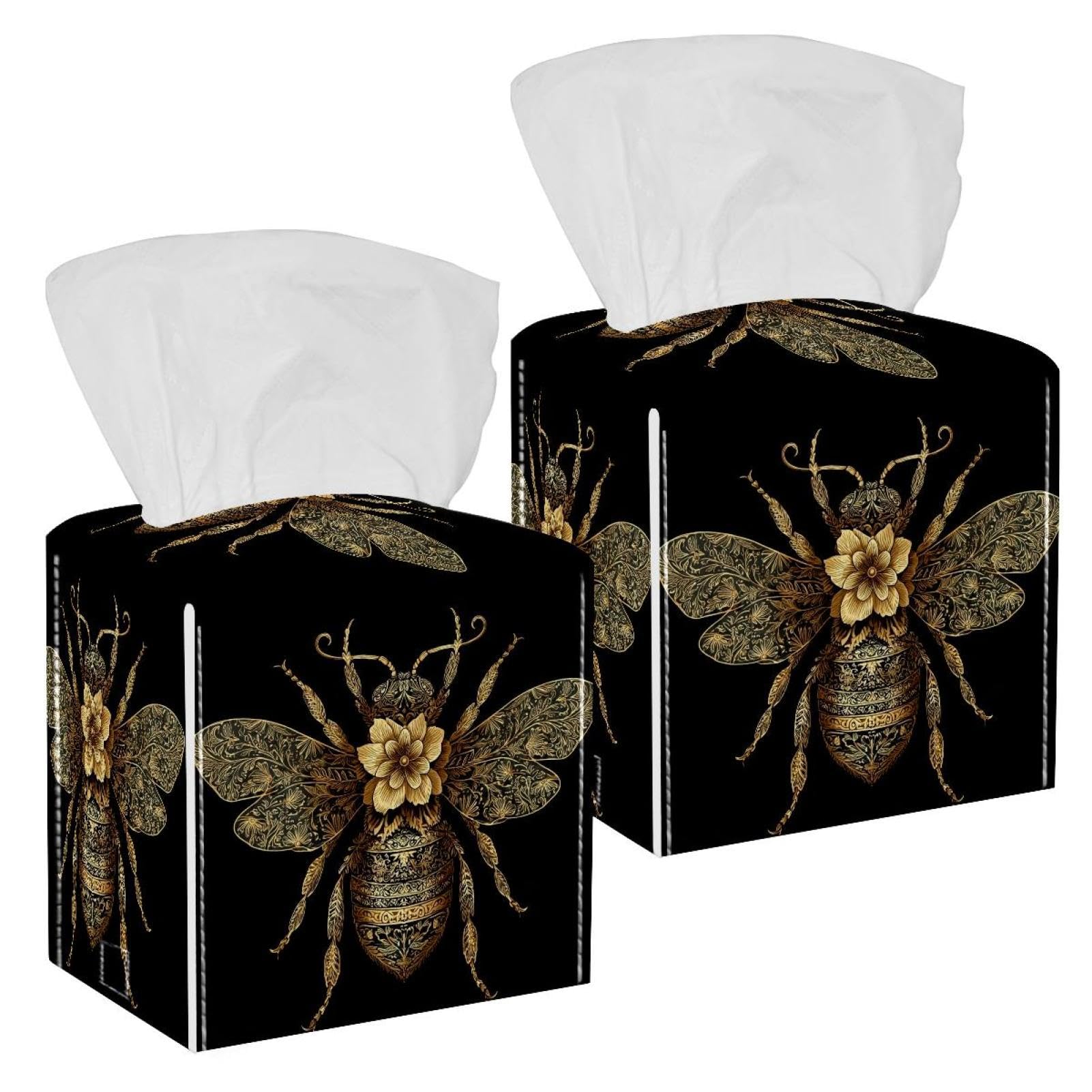 Golden Bee Tissue Box Cover, 2 Pack PU Leather Square Facial Tissue Dispenser Box holder for Home Office Car