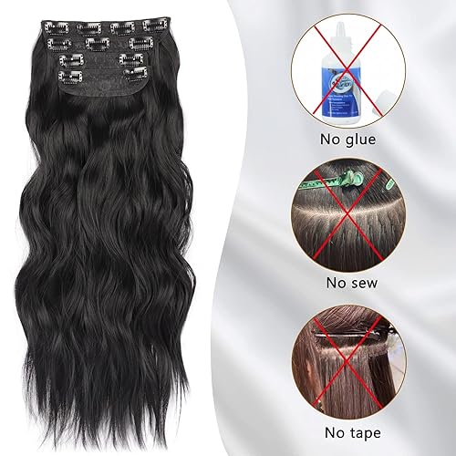 Miniatura 8 de Extensiones de cabello negro de 20 pulgadas para mujer, 4 piezas gruesas, extensiones de cabello sintético natural con clip, extensiones de cabello