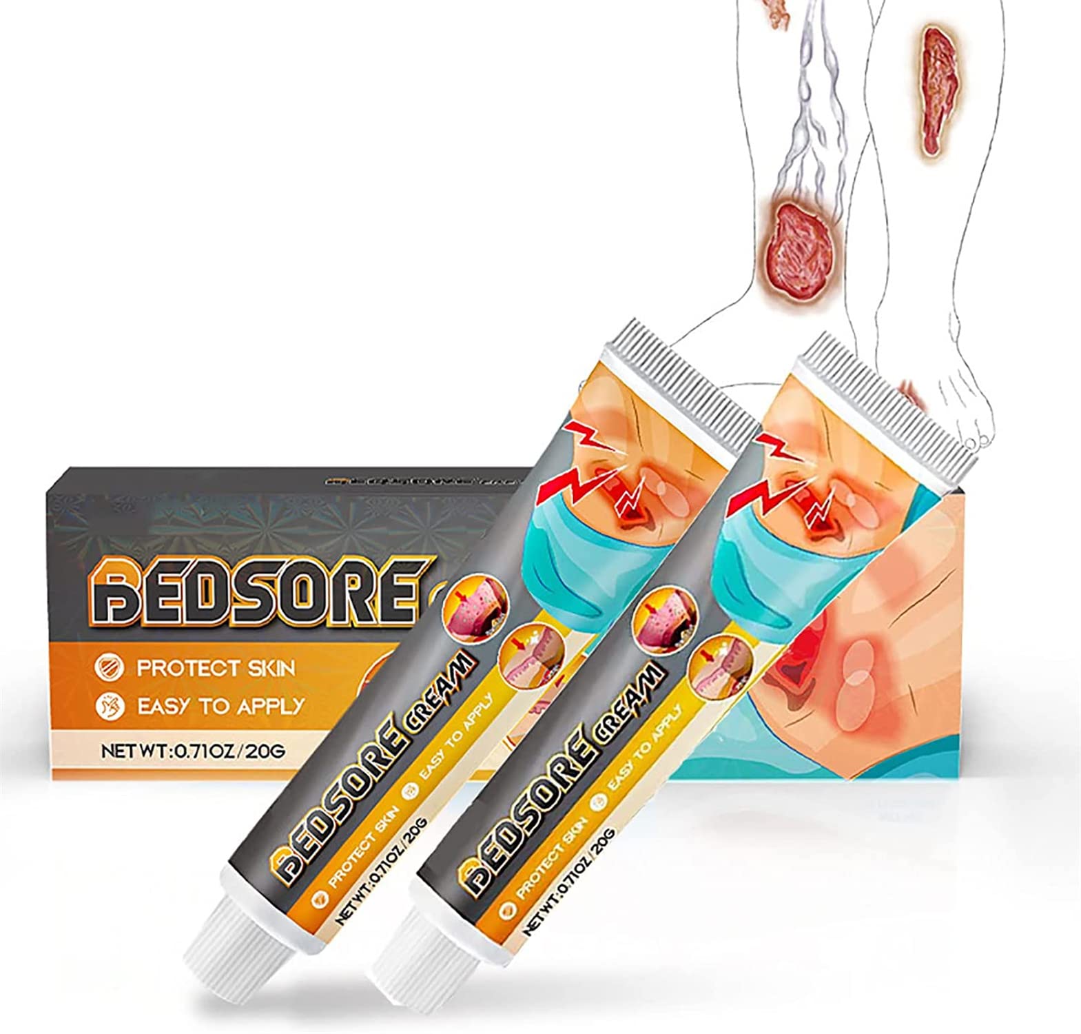 Bed Sore Treatment Cream,20g Bedsore Ointment,Bedsore Wound Care,Bed Sores Healing Cream,Pressure Sore Relief Healing Cream for Bed Sores Treatment (2 Pcs)