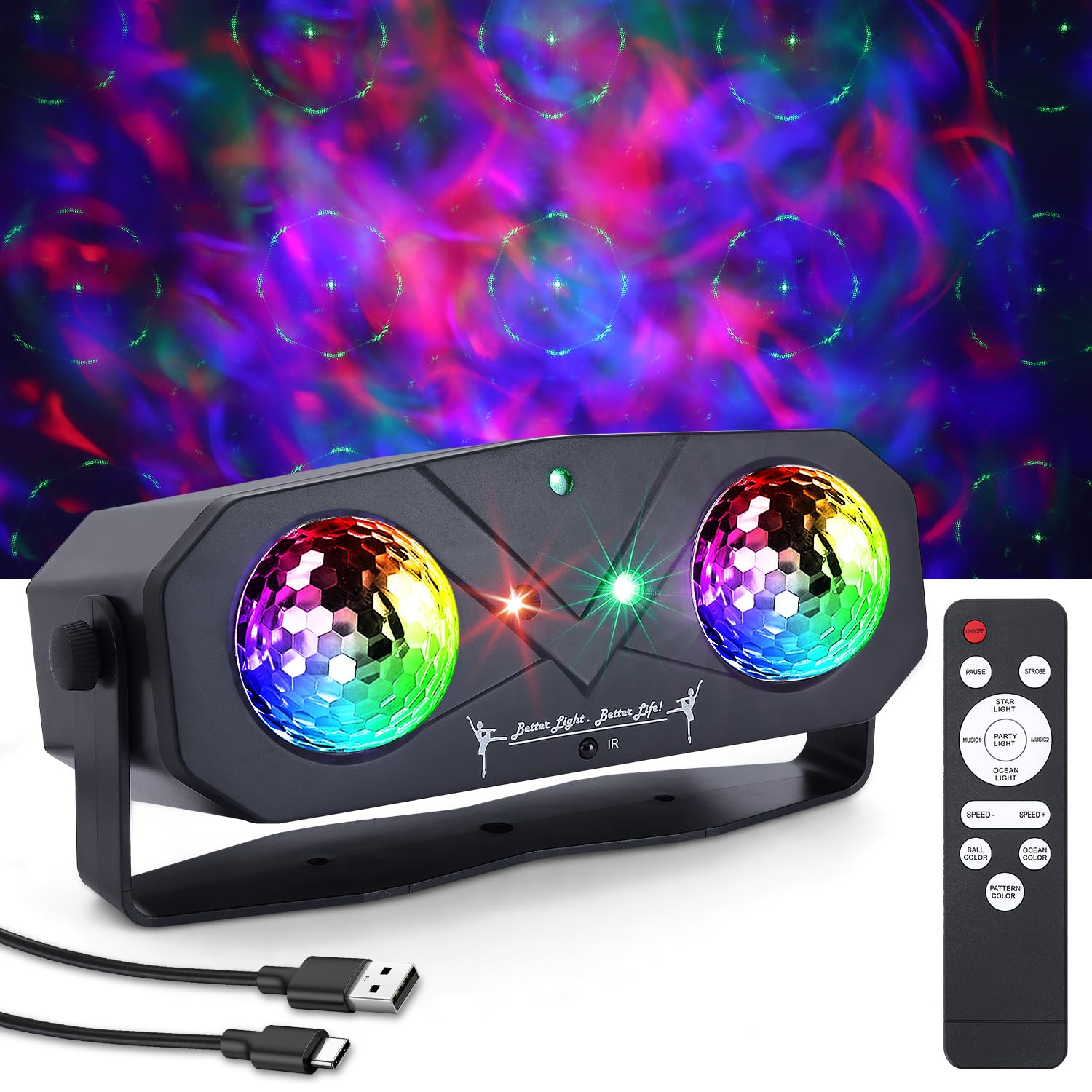 Boule Disco 5 en 1, Gomifie Lumière Disco avec 4 Modes pour Différents Scènes, Lampe de Scène Contrôlée par Musique avec Télécommande et Stroboscope, Jeu de Lumière 2M USB pour Halloween, Noël, Fête