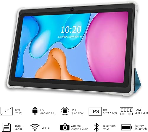 Vista 20 de Tablet de 7 pulgadas con funda, Android 13 de cuatro núcleos, 32 GB ROM, WiFi, Bluetooth, cámara dual, tablet PC USB C, pantalla táctil IPS HD de 7