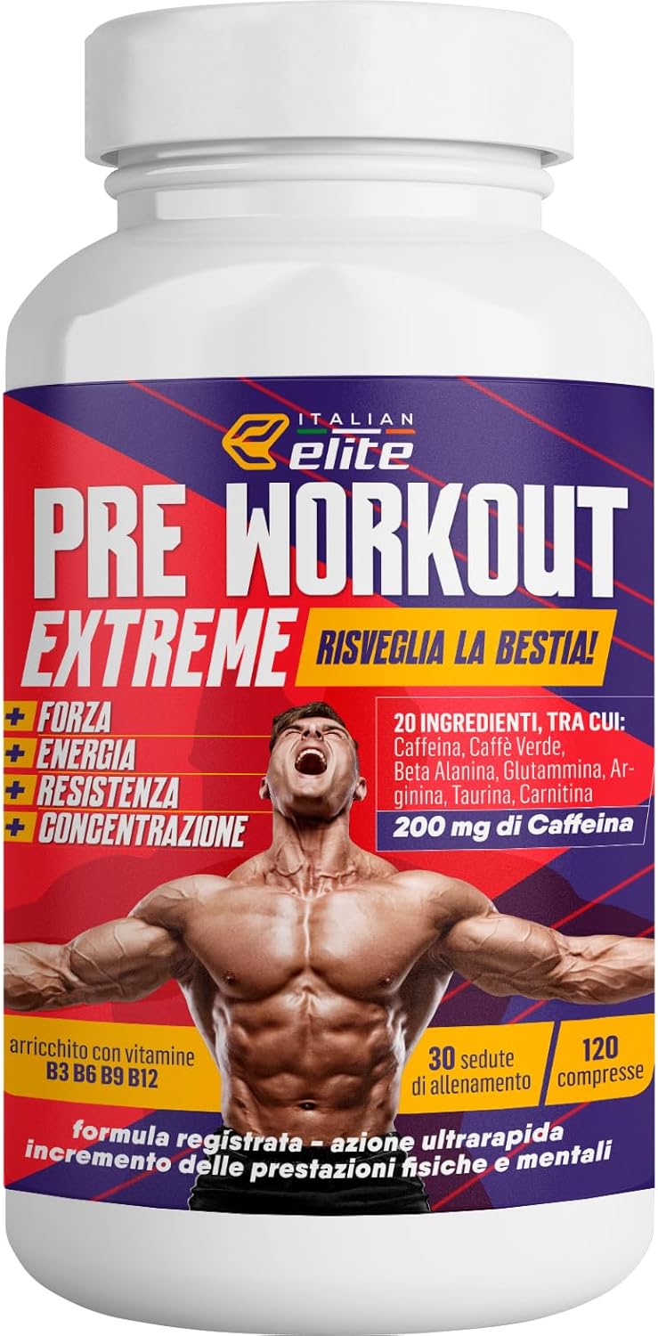 Pre Workout Extreme, stimuleert kracht, energie, uithoudingsvermogen, spierpomp en mentale focus voor training. 120 cpr met bèta alanine arginine cafeïne glutamine carnitine vitamines